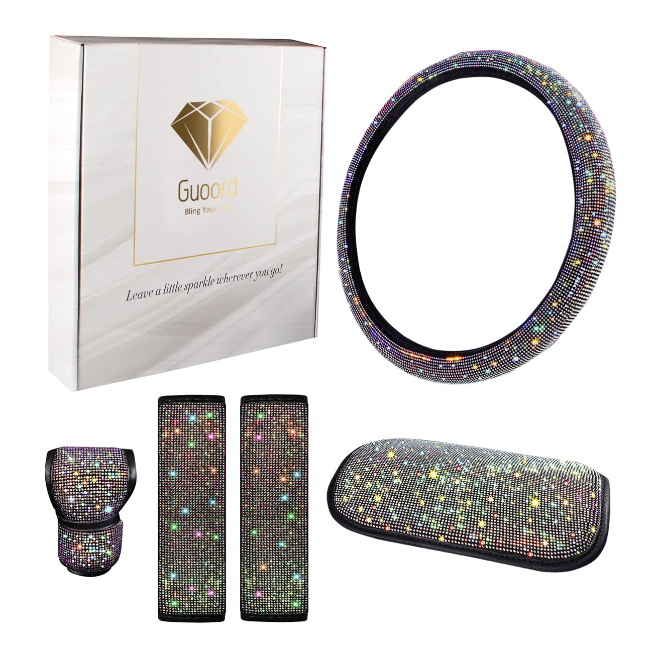 Photo 1 of Bling Car Accessories Set - Pack of 5 - Rhinestone Steering Wheel Cover, Diamond Soft Seat Belt Shoulder Pads, Sparkle Car Armrest Cover, Car Gear Shift Cover for Women, Gift Box (Multi-Colored)