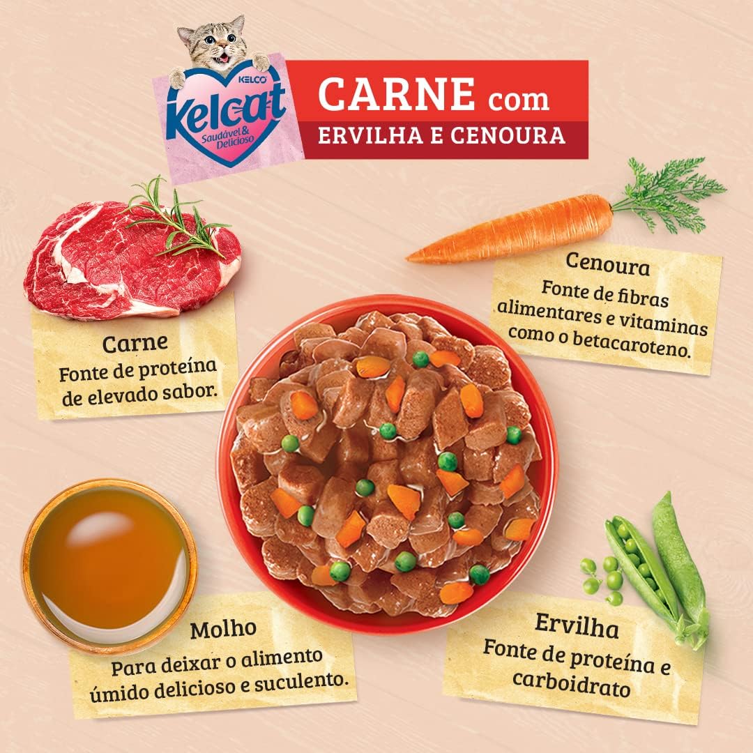 Pack de Ração Úmida Gatos Kelcat Carne, Ervilha e Cenoura - 20 unidades 85g