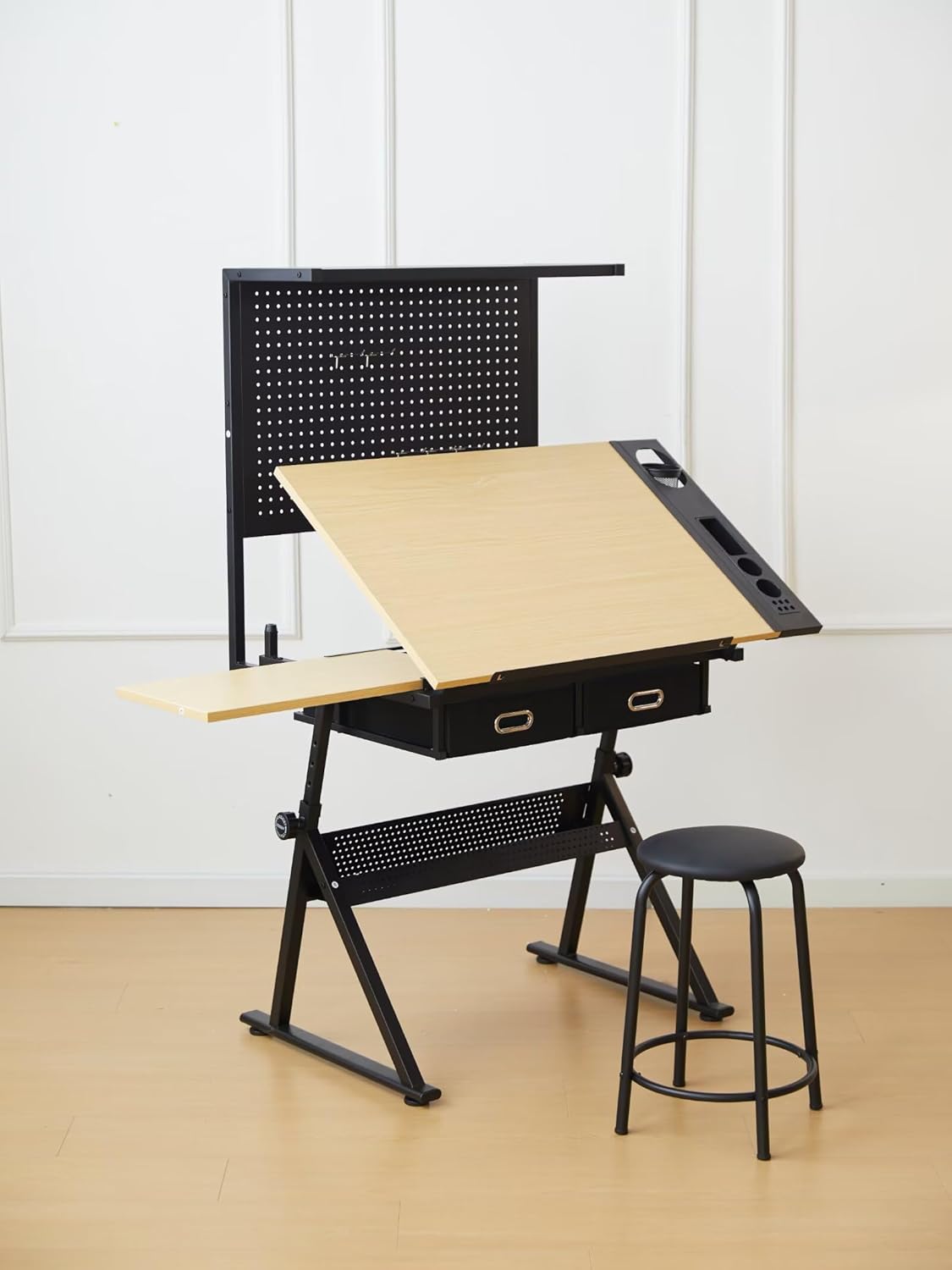 Adjustable Drafting Table with Metal Pegboard Panel, Tiltable Drawing Desk with Storage Drawers, Magnetic Organizer Hooks & Stool, Artist Workstation for Sketching, Painting, Crafting