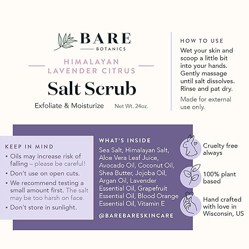 Miniatura 8 de Bare Botanics Exfoliante corporal de pomelo de lavanda de 24 onzas, fabricado en Madison, WI, exfoliante natural del Himalaya con humectantes