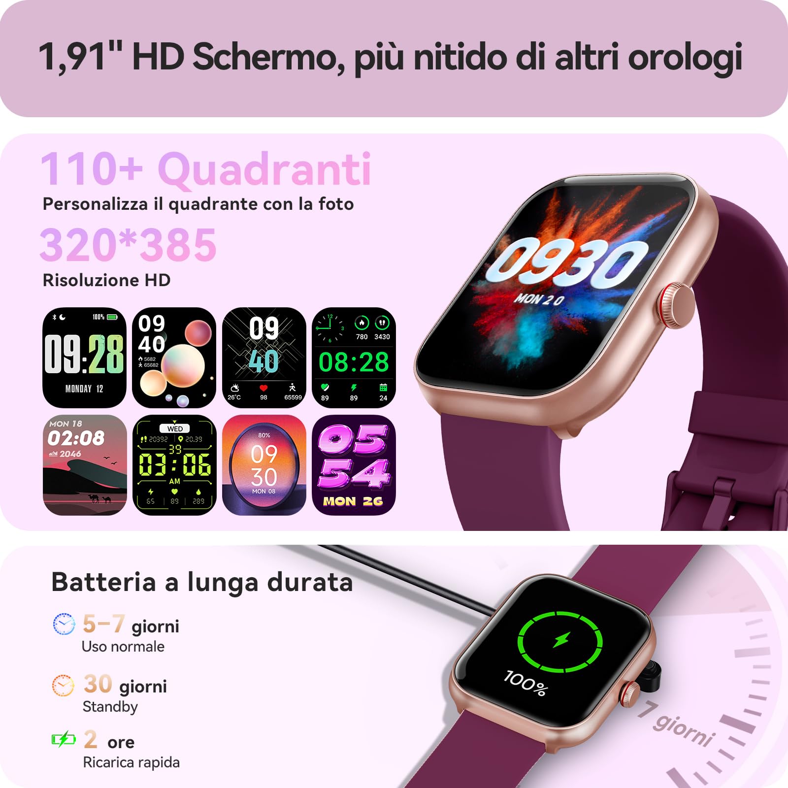 Smartwatch Uomo Donna, 1.91" Orologio Smartwatch con Chiamate Bluetooth e Alexa, Fitness Tracker con Contapassi, Cardiofrequenzimetro/Sonno/SpO2/110 Sportive, IP68 Smart Watch per Android iOS Viola