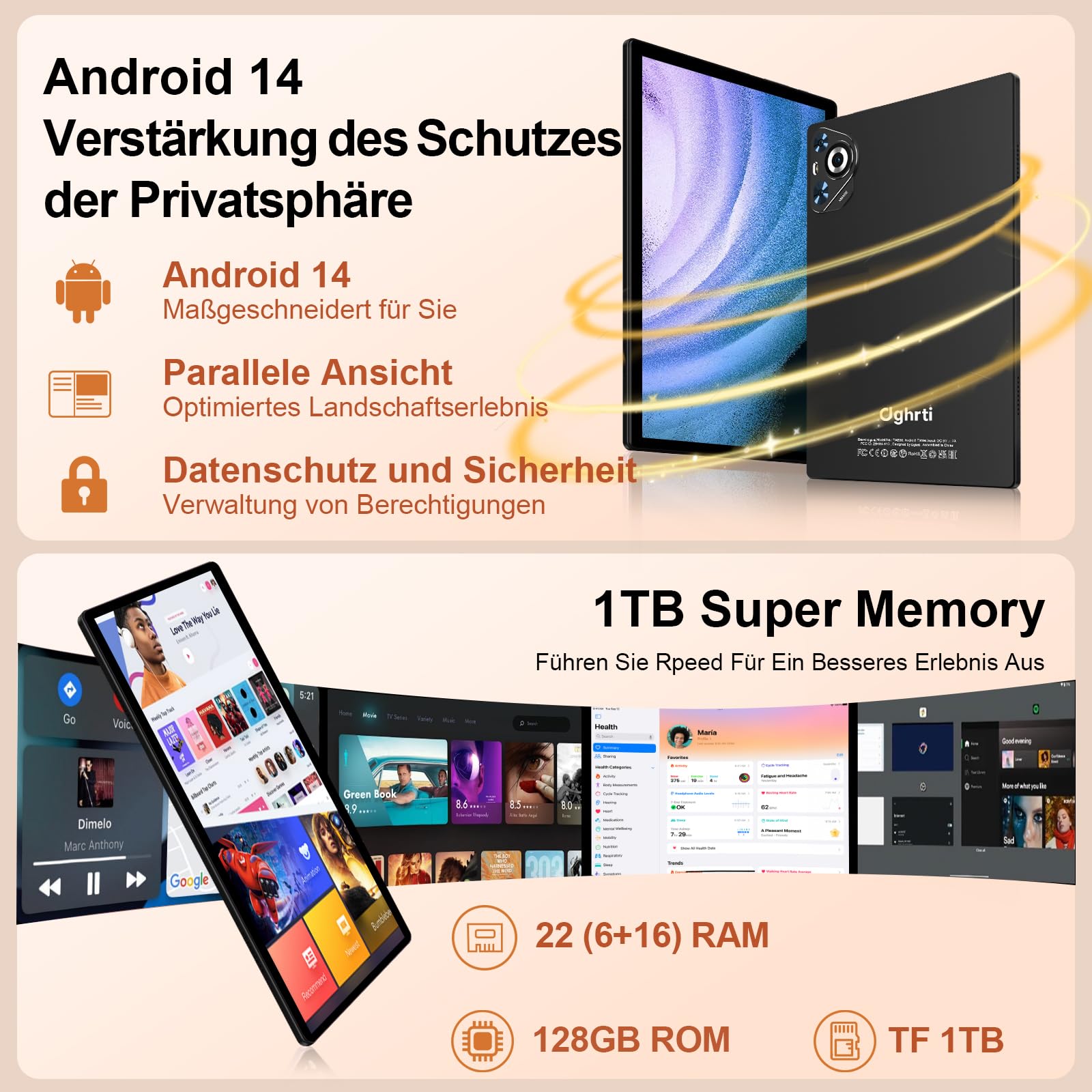 2026 Tablet 10 Zoll Android, 128GB ROM/TF 2TB, Octa-Core Prozessor, 8000mAh, BT5.0, 8MP+5MP, WiFi 5G+2.4G, Face ID, Widevine L1, Augenschutz, Tablet mit Tastatur & Maus Metallkörper-Schwarz