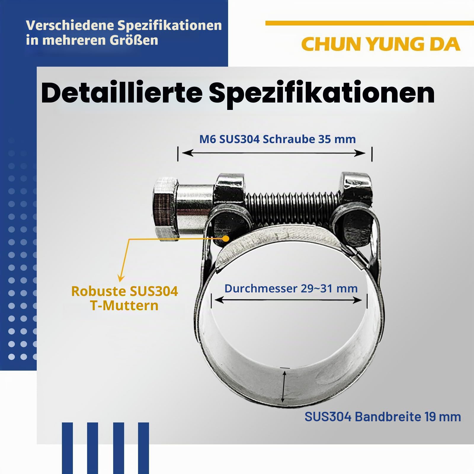 Gelenkbolzenschelle W4 Edelstahl 304 – Schwerlast Schlauchschelle TT, 29-31 mm (1,14-1,22 Zoll), Automotive Schlauchklemme, Hohe Zugkraft, 4er Pack