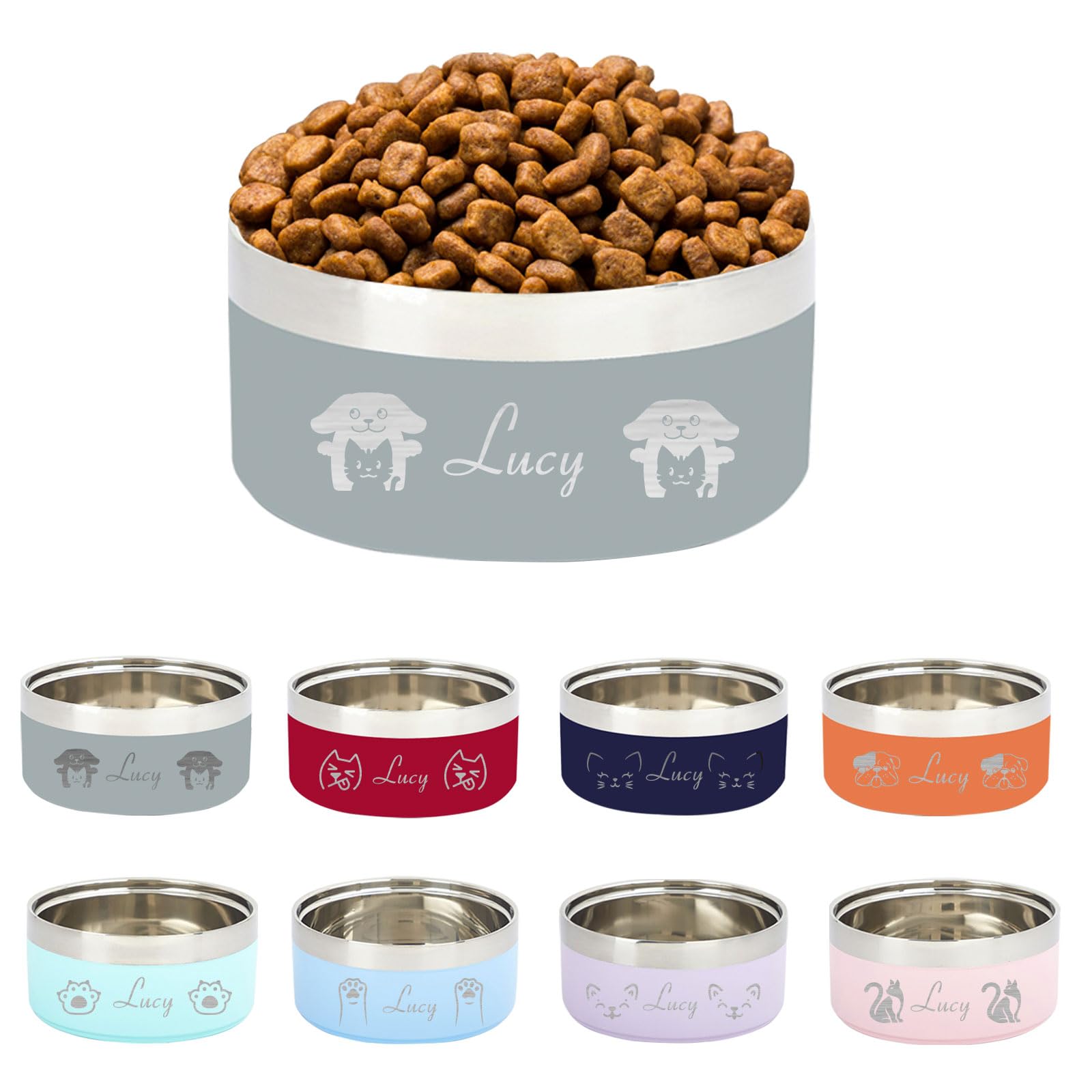 Custom Name and Pattern Pet Bowl, Stainless Steel Cat and Dog Bowl, Personalized Large Capacity Pet Bowl with Non-Slip Rubber Base(Gray)