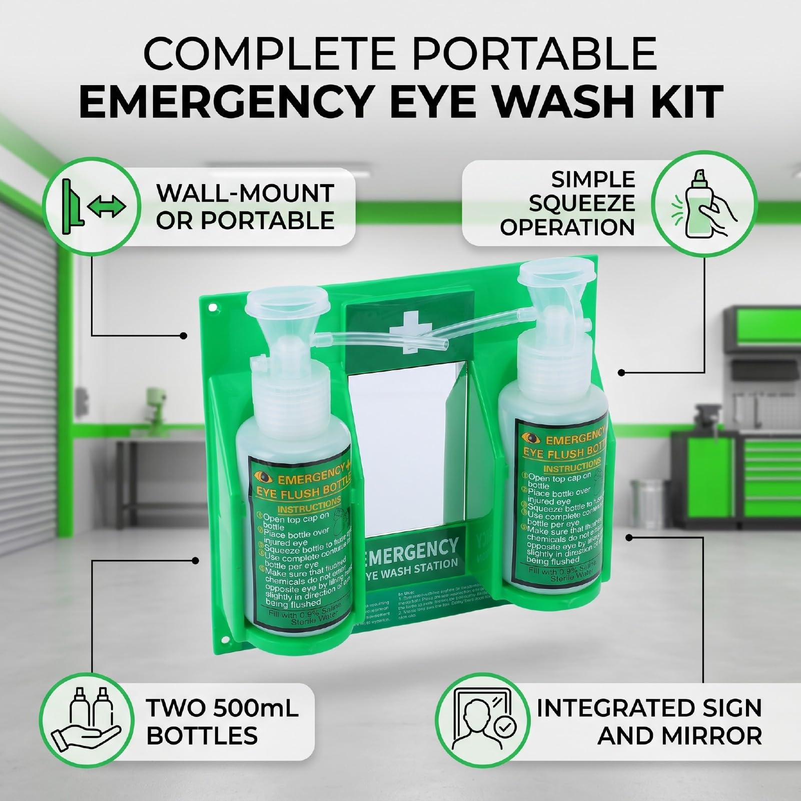Station de Lavage Oculaire Portable à Montage Mural | Construction PE, Conteneurs de 500 Ml, sécurité sur le Lieu de Travail, Laboratoire, Utilisation dans un Garage Kit D'urgence