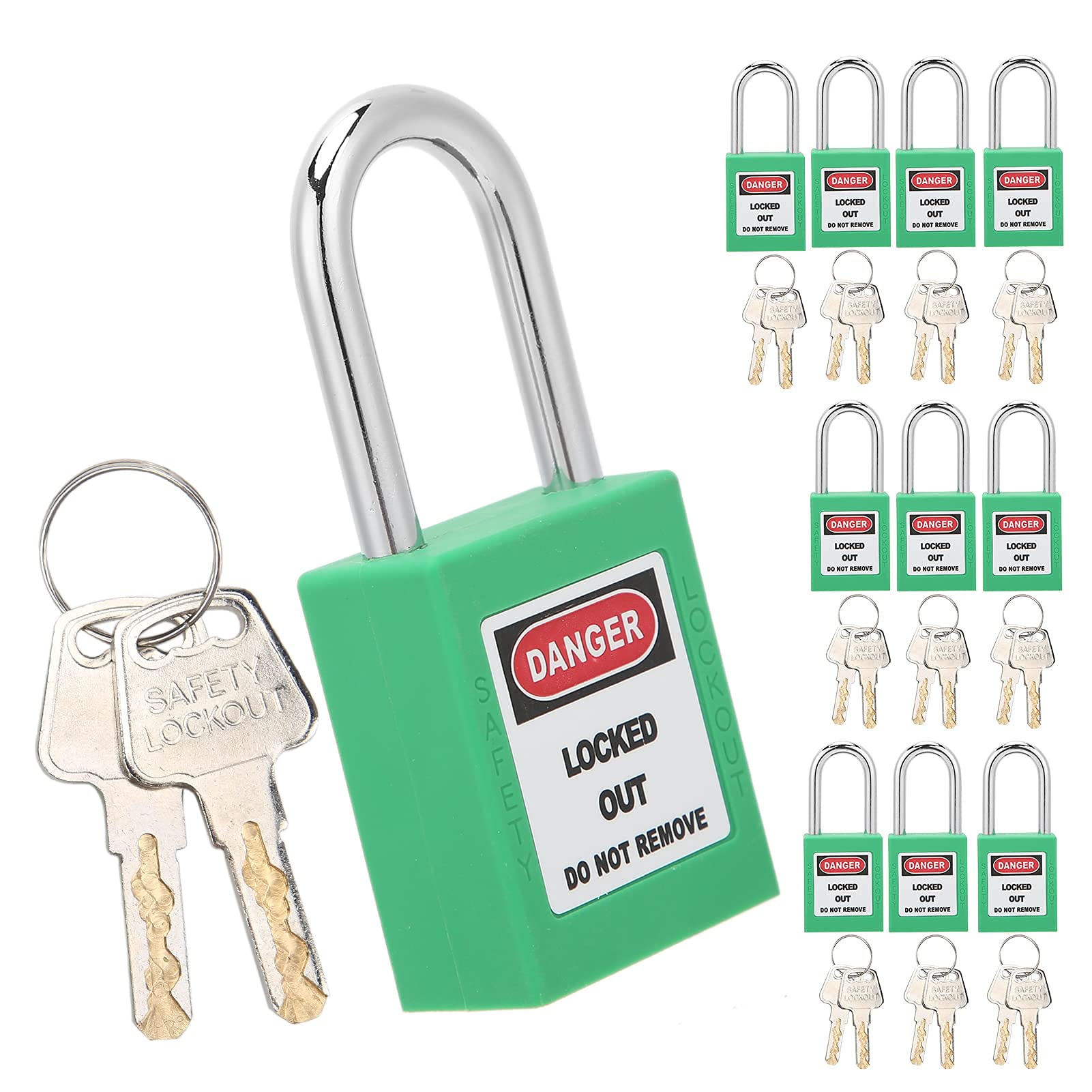 Lockout Tagout Schloss, 10er-Set 38 mm Lockout-Schloss Lockout Vorhängeschloss Gleichschließend Nylon-Sicherheitsvorhängeschloss mit 20 Schlüsseln (GREEN)