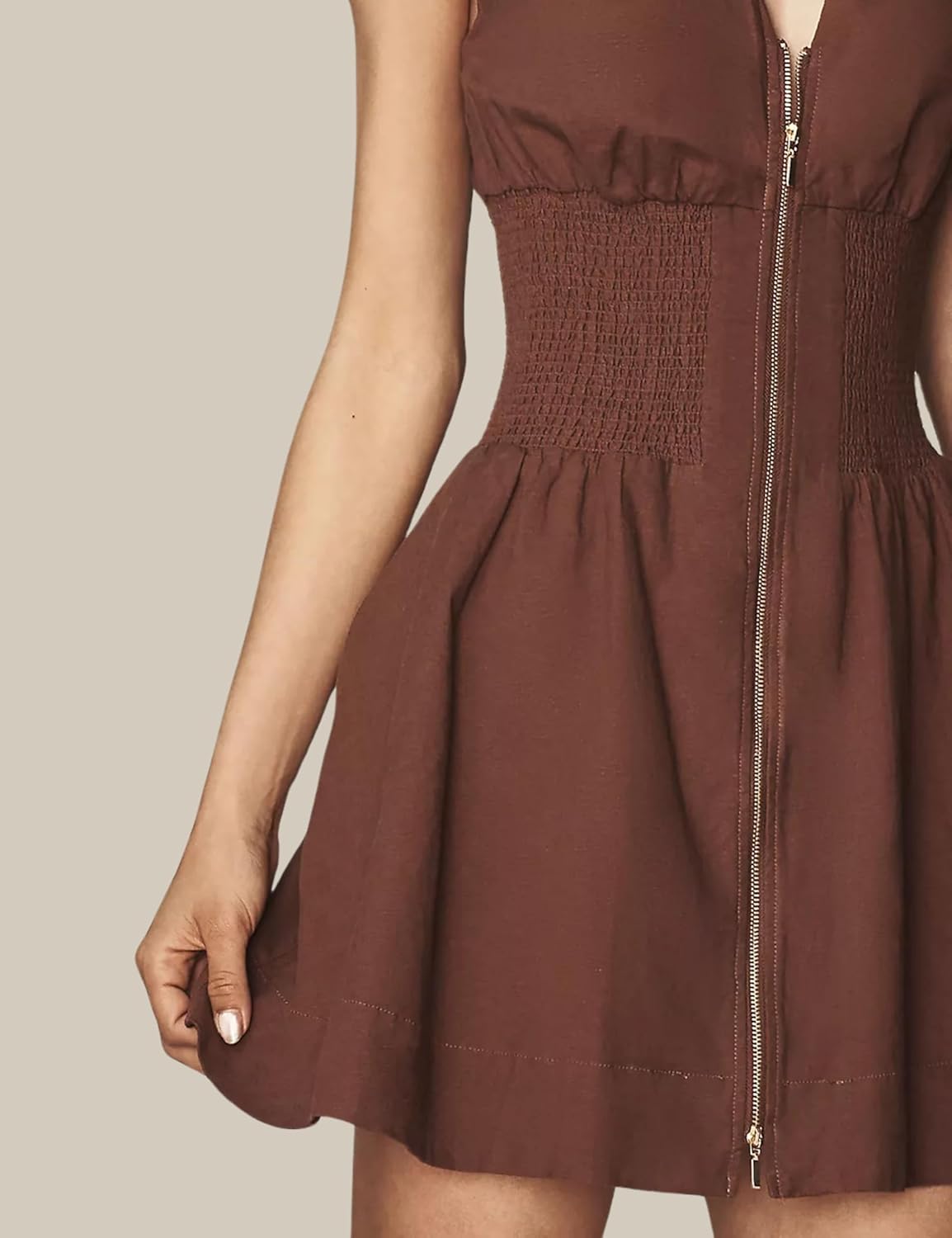 Women’s V Neck Summer Dress Cap Sleeve Zipper Mini Dress Smocked Slit Dress with Pockets - Image 4