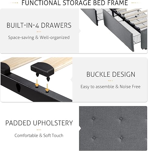Miniatura 6 de SHA CERLIN Base de cama tapizada de tamaño matrimonial con 4 cajones de almacenamiento, cabecera ajustable con diseño de botones cosidos cuadrados,