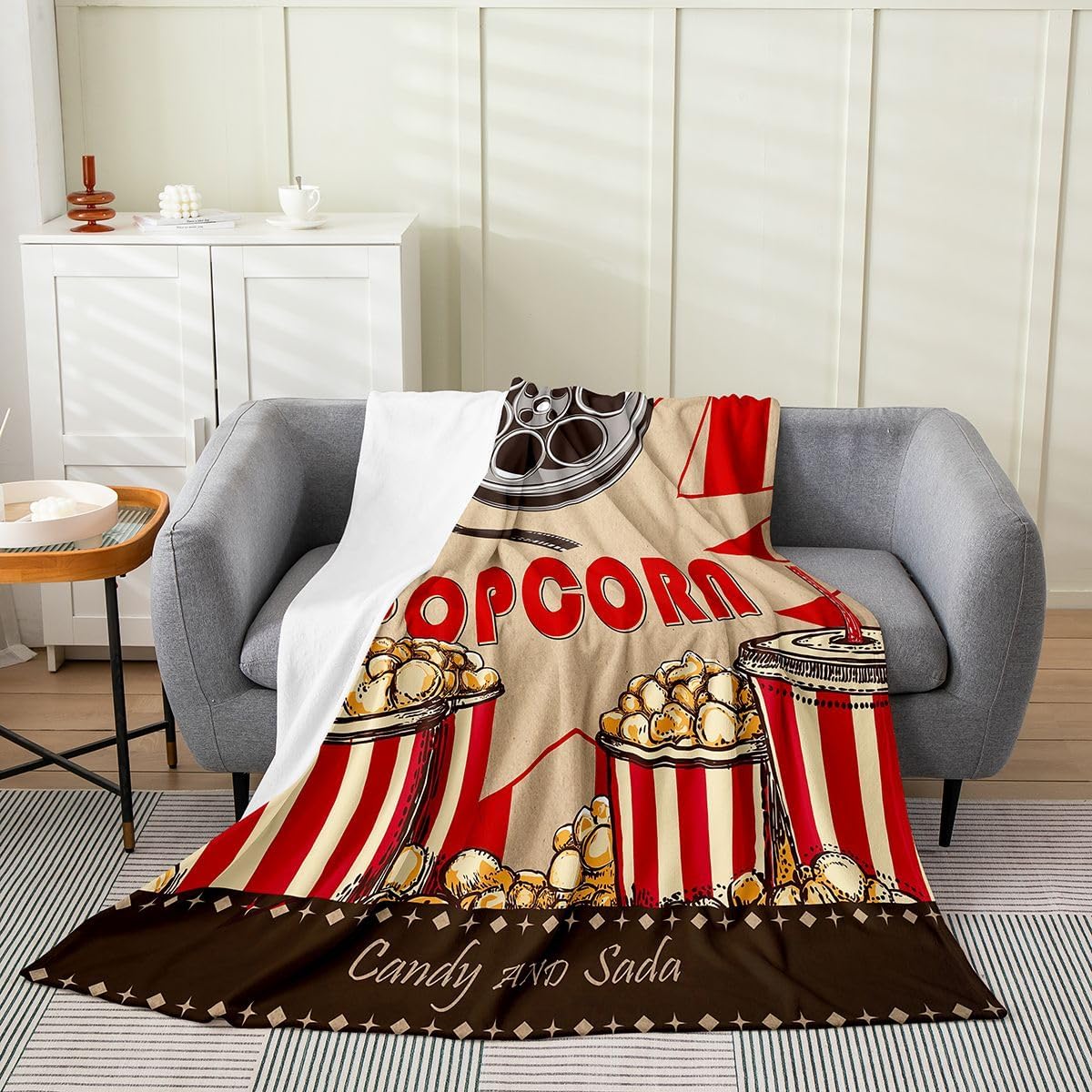 Erosebridal Popcorn Blanket Queen Inch Movie Food Throw Blanket Cartoon Film Cinema Dark Black Stars Fleece Blanket for Kids Children Delicious Food Theater Microfiber Fuzzy Blanket
