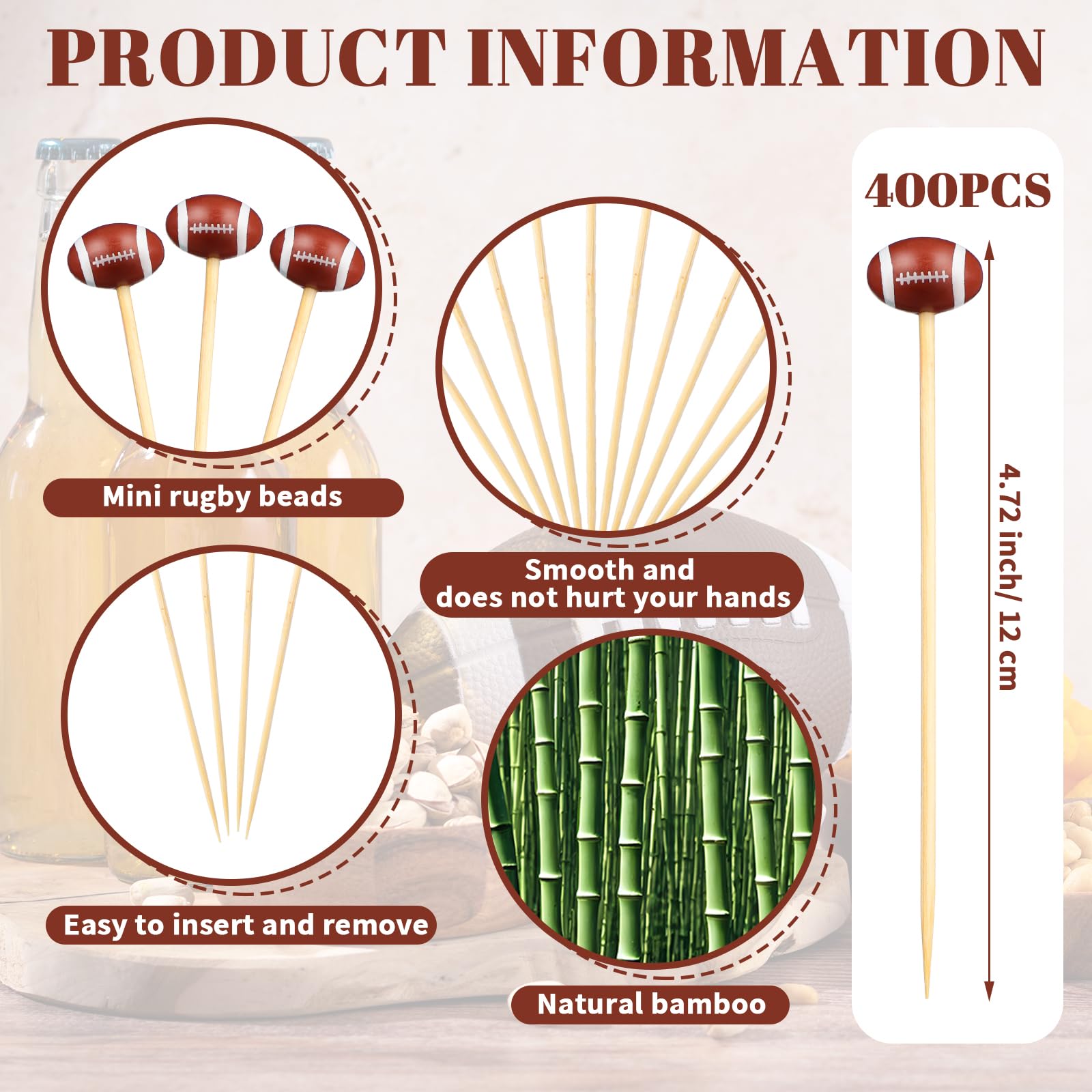 FoldTier 500 Pcs Football Toothpicks 4.72 Inch Bamboo Cocktail Picks for Appetizers Decorative Sports Ball End Cocktail Skewers Wooden Fruit Cupcake Toppers Sandwich Buffets Party Supplies
