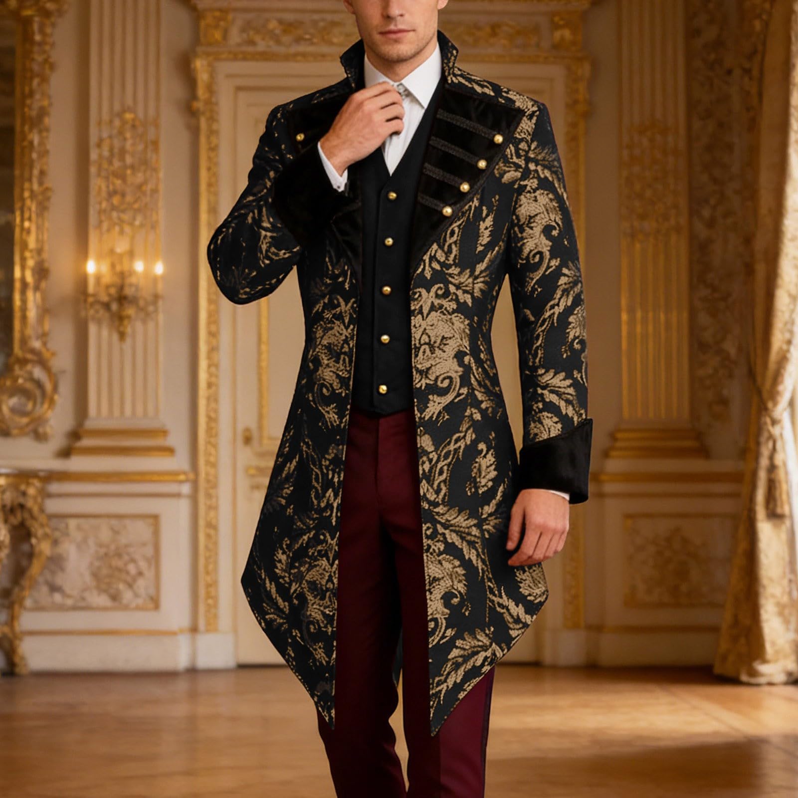Steampunk Frack - Gonna da uomo medievale, gotica, vittoriana, vichingo, pirata, costume da vampiro, stampa broccato damascato, cappotto per il tempo libero, gonna da passeggio vittoriana