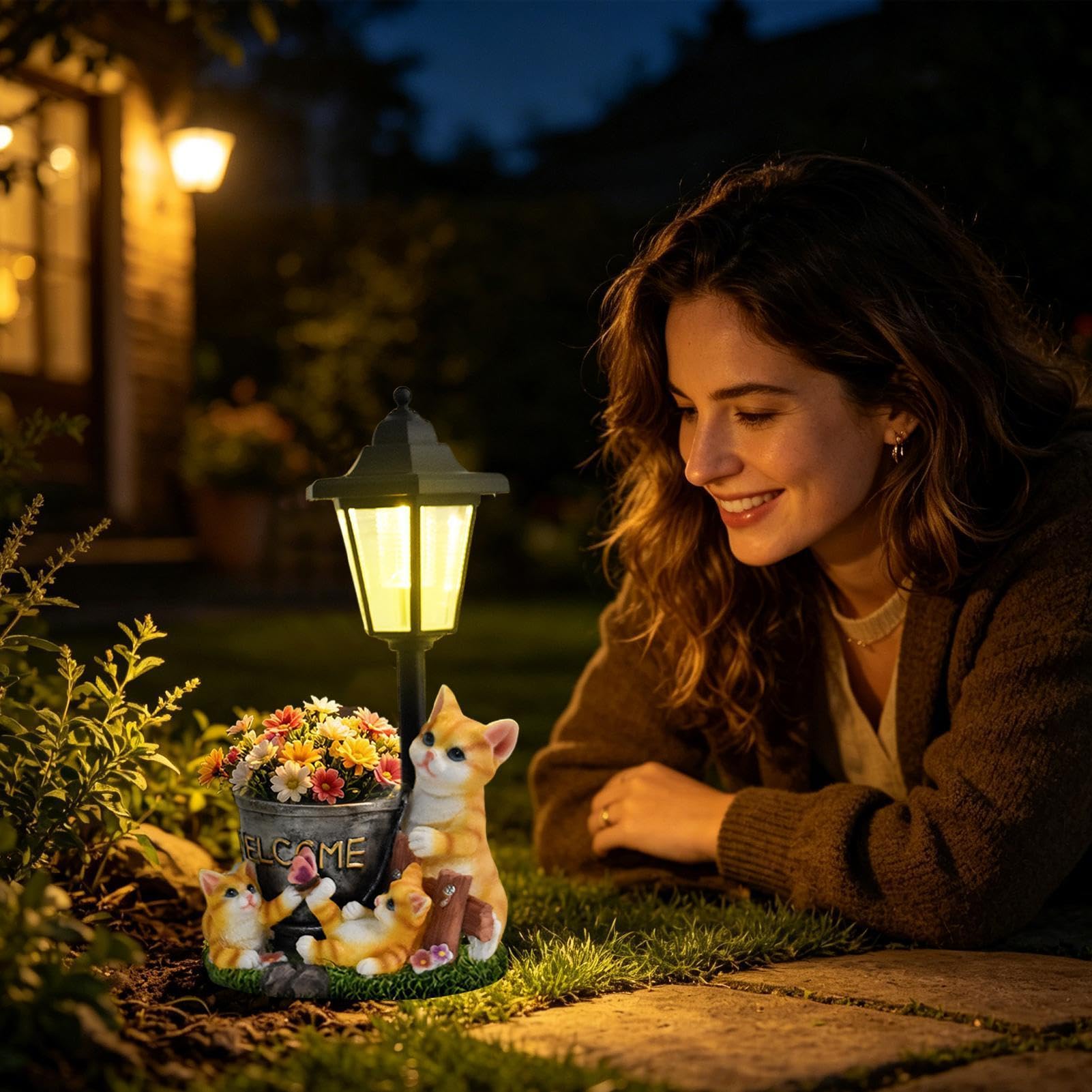 Statua Gatto Solare Statuetta a Forma di Gatto Luminosa da Esterno con