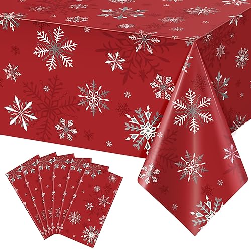 Paquete de 6 manteles de plástico con diseño de copo de nieve rojo y blanco, desechables, para invierno, Navidad, vacaciones, Año Nuevo, suministros