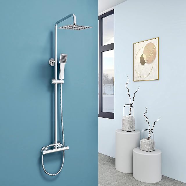 Huibathroom Thermostatic Shower Mixer Set for Bathroom Square Chrome Designer Rainfall Shower Head Handset Exposed Valve, Hose & Rail