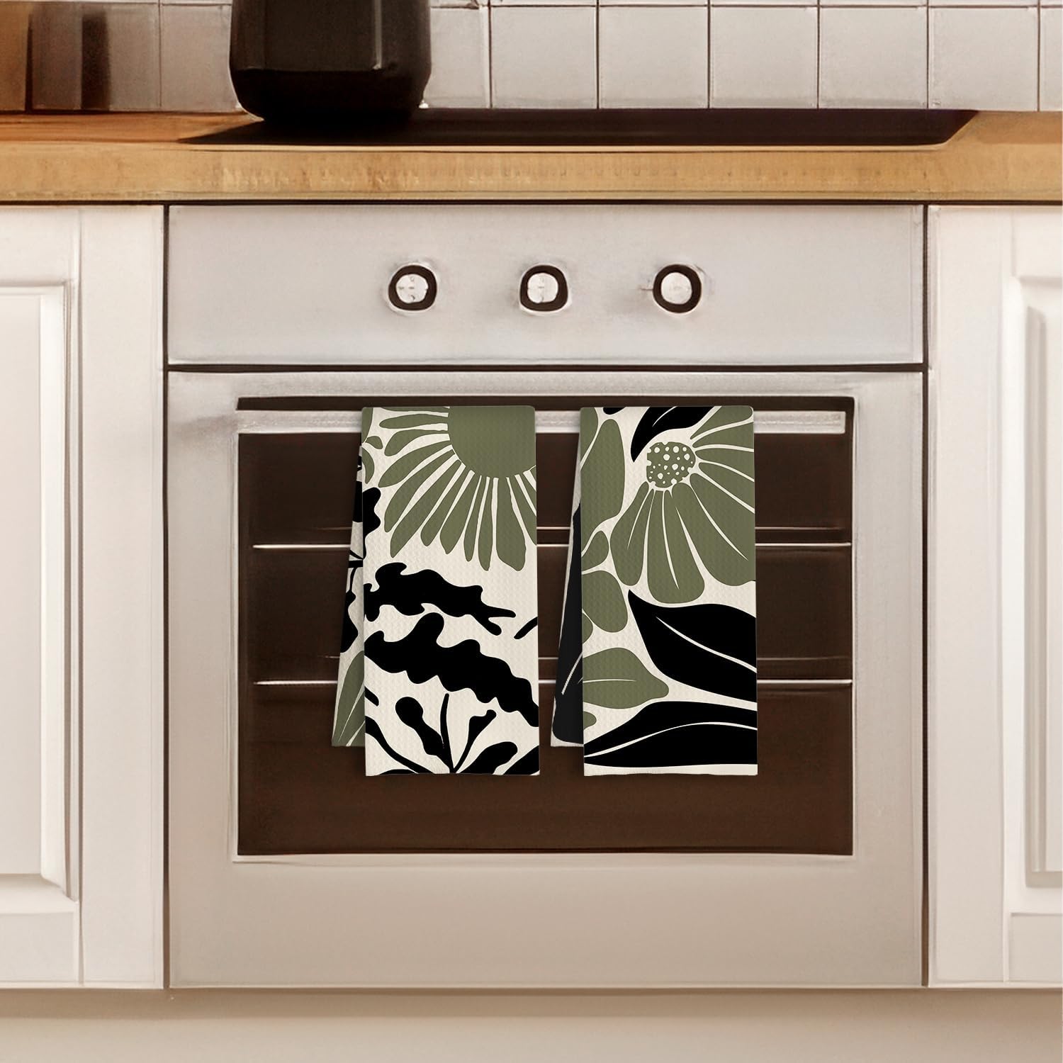 ArtisaEura Dark Green and Black Boho Floral Kitchen Towels, Abstract Mid Century Modern Flower Botanical Dish Tea Hand Towels for Kitchen Bathroom Decor, 16x24 Inch Set of 2 - Image 3