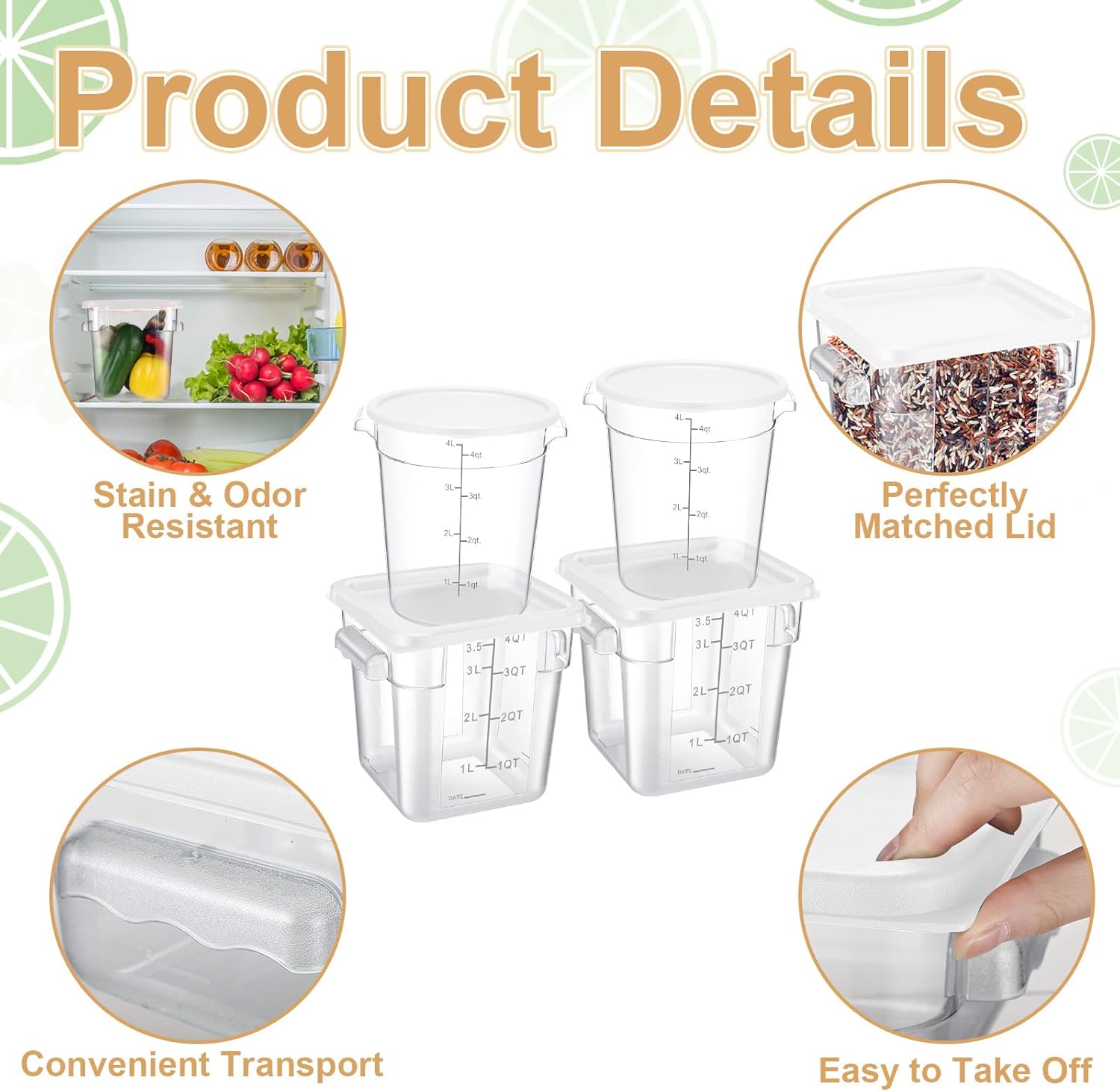 4 Pcs Food Storage Container with Lids Set 4 Qt Square and Round Clear PC Commercial Containers with Scale Handle for Home Restaurant Kitchen Food Storage, Dough Rise, Flour(White)