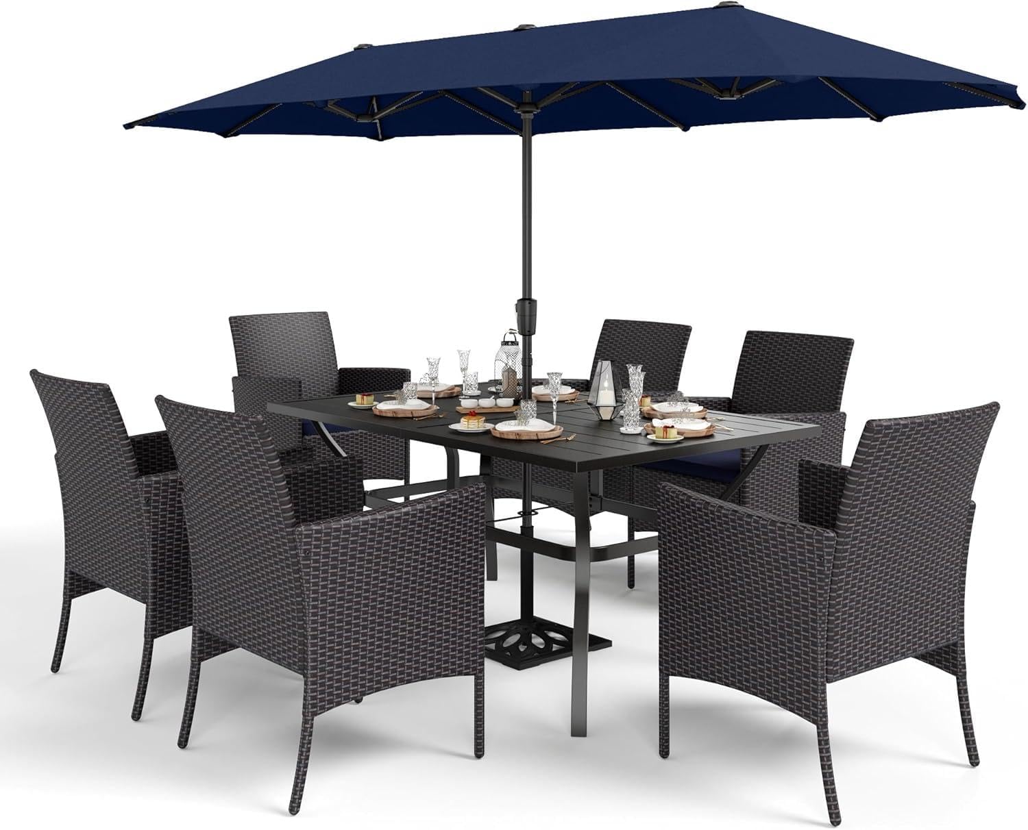 Sophia & William 7 Pieces Patio Dining Set with 13ft Navy Patio Umbrella, 60" Outdoor Metal Table & Rattan Chairs Set with Cushions, Outdoor Dining Set for 6 People