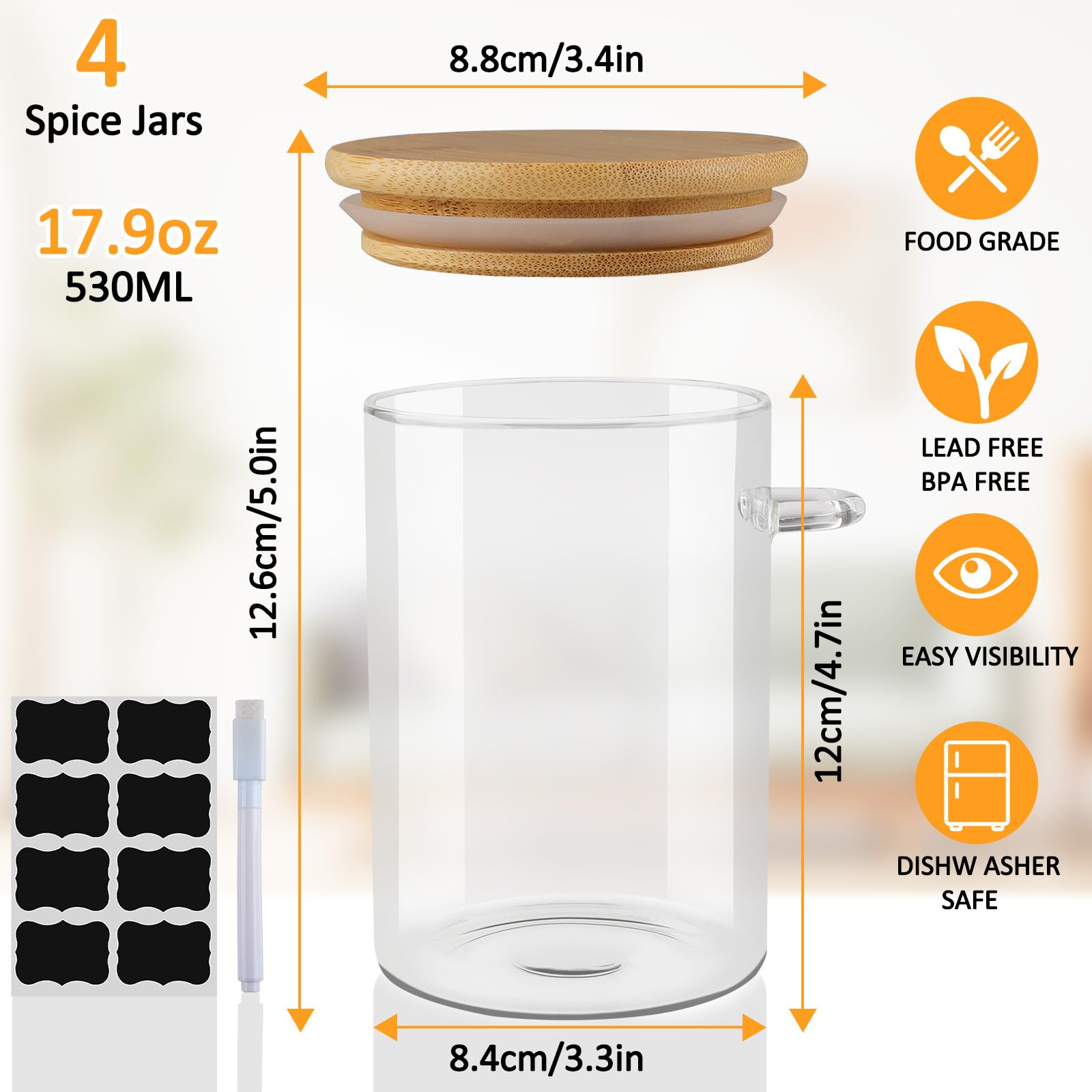 Set 4 Barattoli In Vetro Con Coperchio 500ml - Per Conservare Spezie, Caffè, Zucchero | Con Cucchiaio Ed Etichette - Foto 2