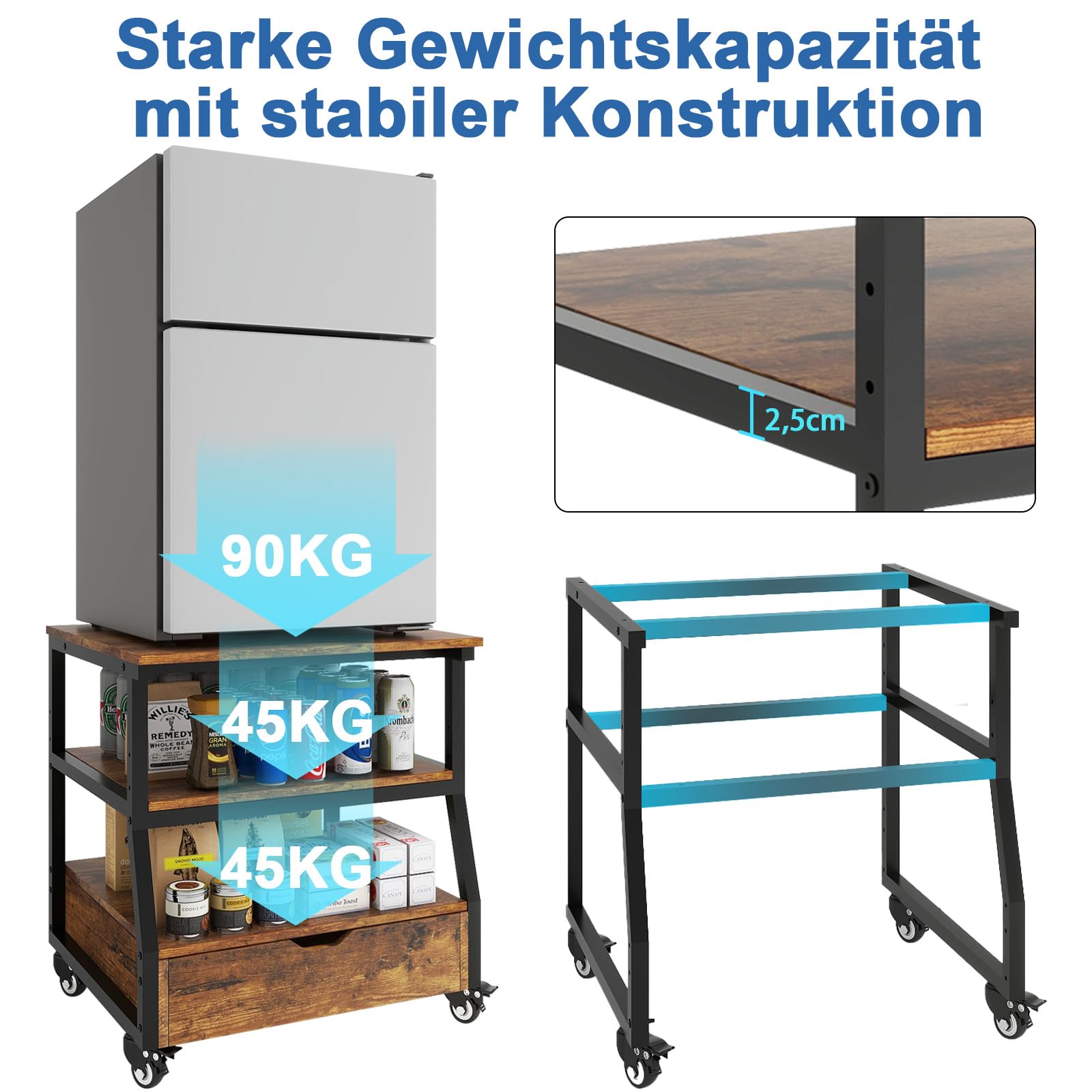 PUNCIA 3-Ebenen Kühlschrankständer Kühlschrankhalter mit Schublade Retro | Untergestell für Kühlschrank auf Rollen Sockel Unterstand für Gefrierschrank Küche Wohnzimmer Office Arbeitszimmer Büro