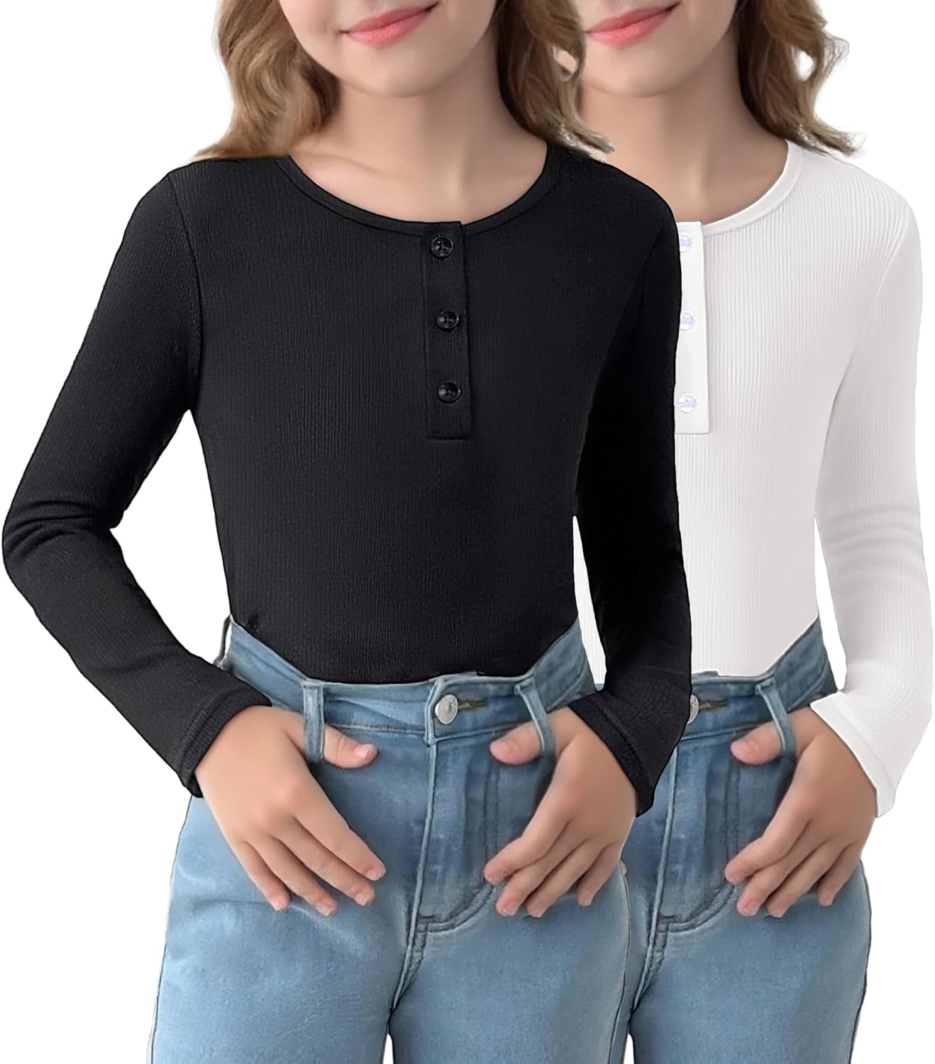 Arshiner 2 Pack Girls Long Sleeve Henley T Shirts Button Down Slim Fit Tops Round Neck Ribbed Knit Shirts