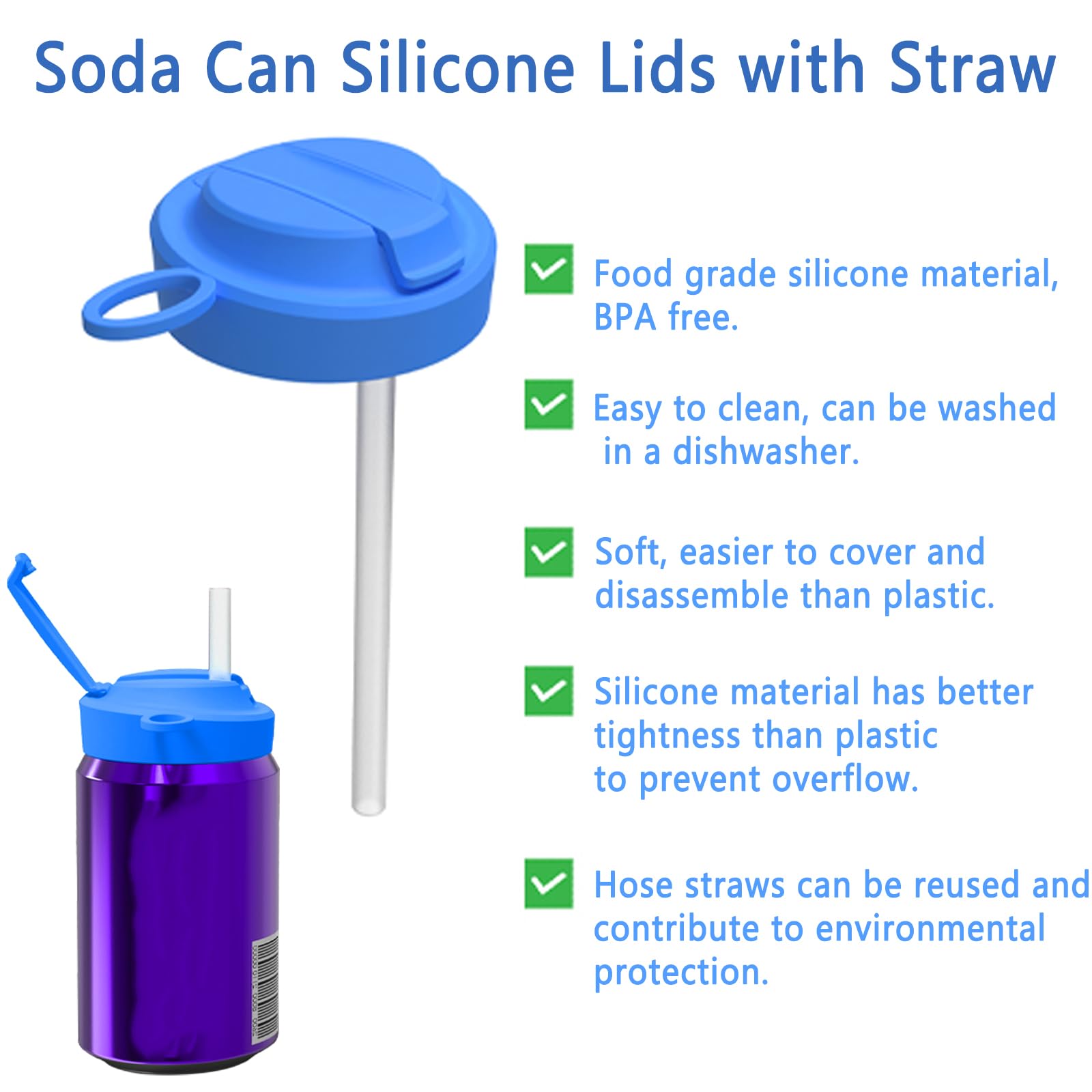 2 Pack Silicone Soda Can Lids with Straw, Pop Can Covers with Handle, Reusable Can Covers for Soda, Coke, Beer, Juice, Beverage, Fits Standard Cans, Travel Assistant (Gray & Bule)