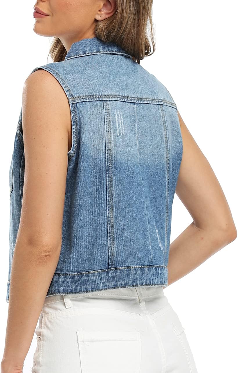 Womens Denim Jean Vest Classic Cropped Distressed Spread Collar Sleeveless Jean Jacket - Image 5