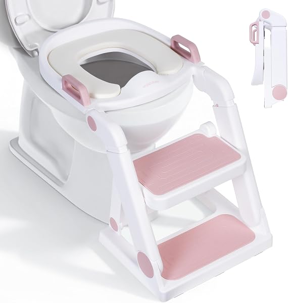 Riduttore WC Bambini con Scaletta Rosa Dai 18 Mesi - Adattatore WC per Bambini Pieghevole, Maschietti e Femminucce - Regolazione Continua in Altezza - Completamente Ripiegabile - 1