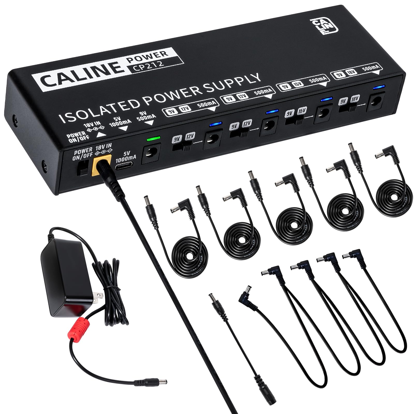 Caline True Isolated Pedal Power Supply CP-212, commutabile 9 V/12 V/15 V/18 V per chitarra a pedale, mini alimentazione a pedale da 500 mA con uscita di tipo C e catena a margherita a 4 vie
