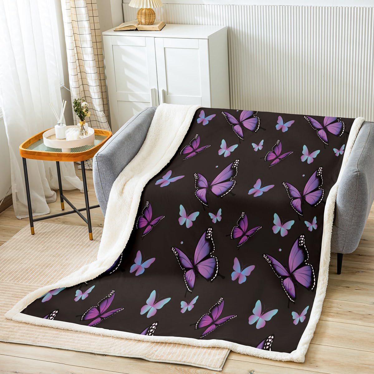 Manta Sherpa de mariposa, manta de forro polar de mariposa morada, manta de felpa de mariposa voladora para niños y niñas, manta mullida de mariposa colorida