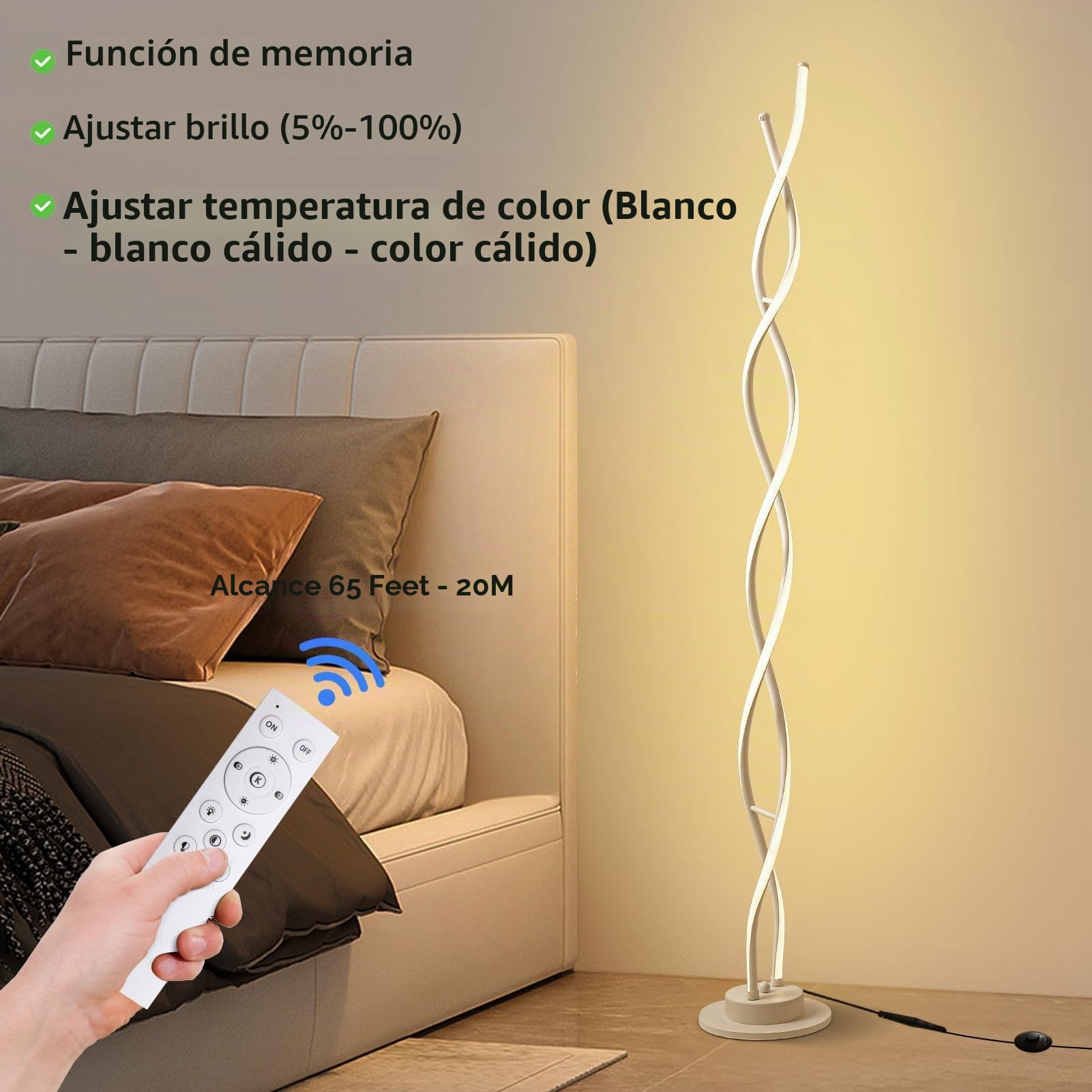 Lampara de pie, Lampara de pie salon LED, Lamparas de pie para salon con 3 temperaturas de color y 5 niveles de brillo, 145CM Lámpara de pie Blanco para Salón con Mando a Distancia.