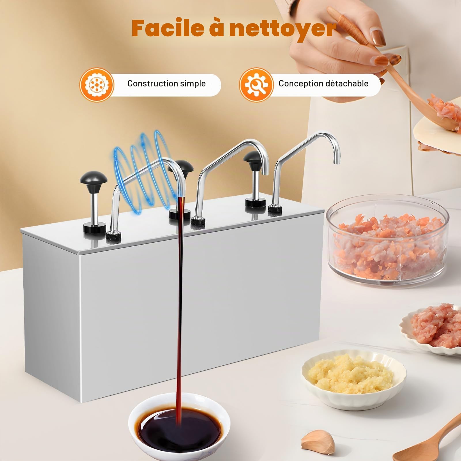 Distributeur de sauce à 3 seaux en acier inoxydable - Pompe à sauce - Pompe à moutarde - Distributeur de moutarde - Pompe à sauce soja