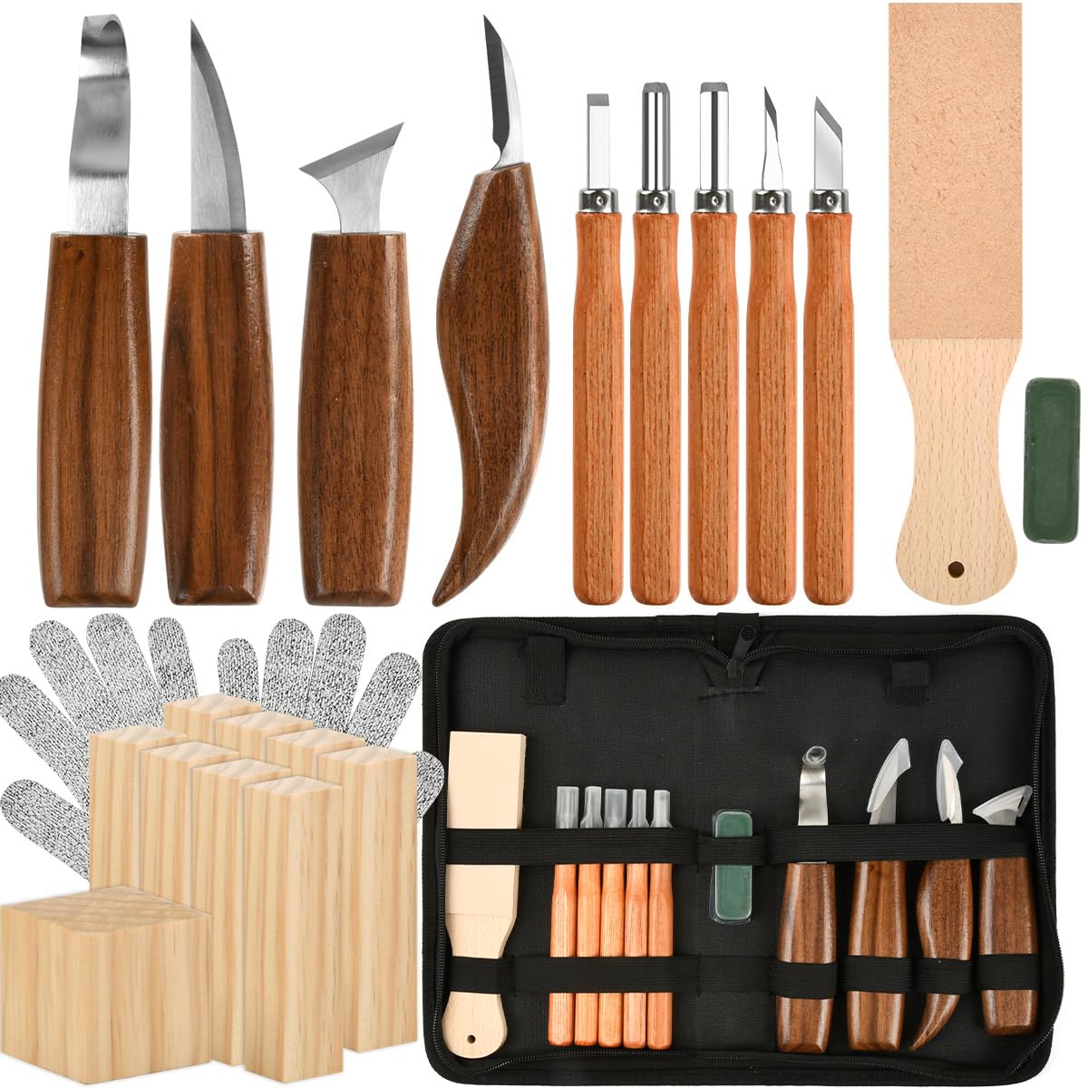 23pcs Kit Sculpture Bois, Kit de Sculpture Sur Bois avec 5 Couteaux à Détails, 4 Couteaux à Sculpter, 9 Bois à Sculpter, Pâte à Polir, Gants, Sac PU, Kit Sculpture Sur Bois, pour débutants&pros
