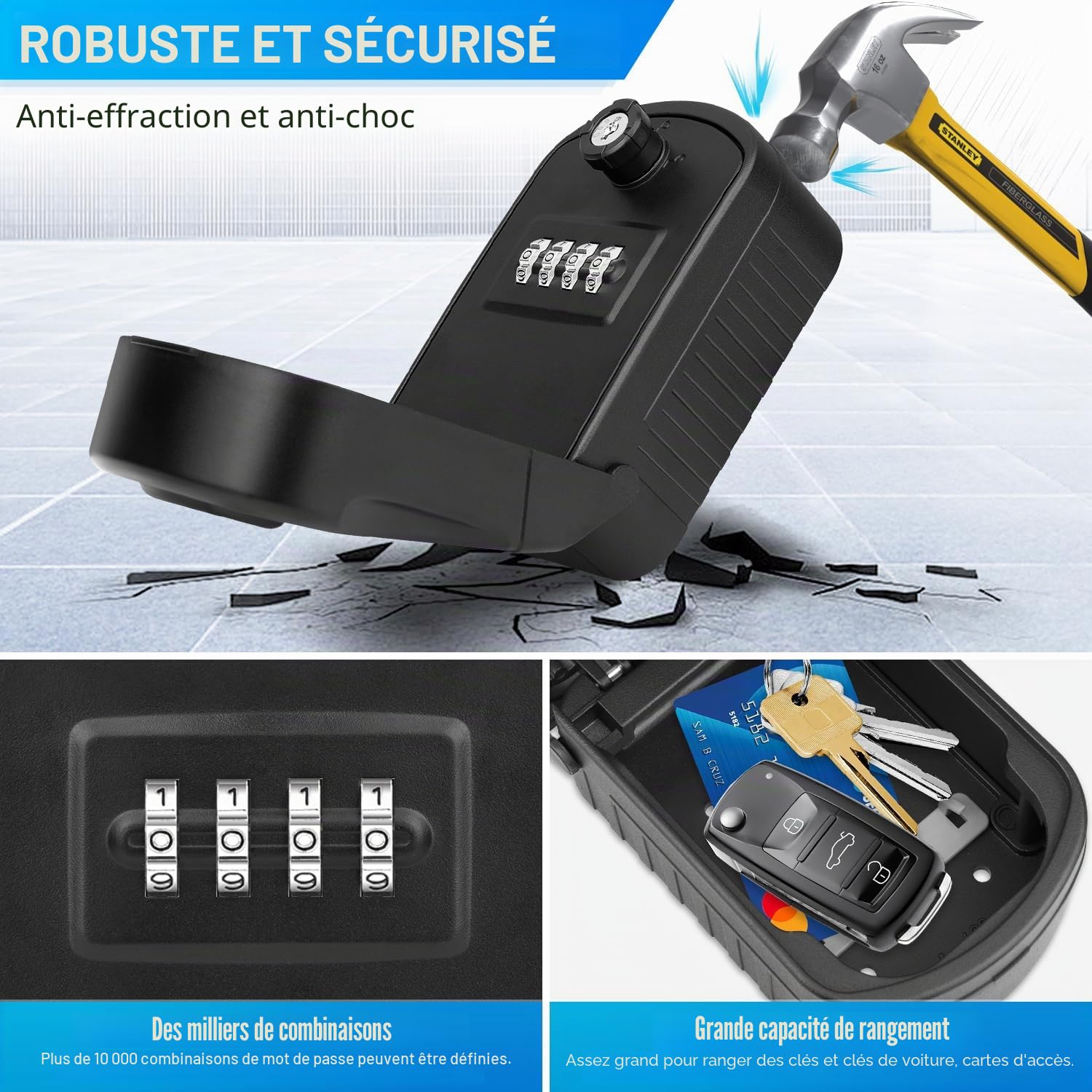 Boîte à Clé Sécurisée Grand Coffre a Clef Exterieur Etanche Boite à Clé avec 4 Code & Clés d'urgence Boitier Cles Securise Boite a Clefs Mural pour Exterieur Interieur Ecole Bureau Usine (Noir)