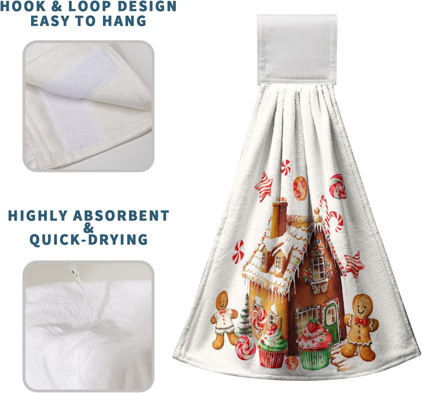 Christmas Gingerbread Man Hanging Kitchen Towels Cookies Candy Cane Hand Towel with Hanging Loop Ginger Bread House Dish Towels Xmas Soft Absorbent Fingertip Bath Tea Towel Decor Set of 2 - Image 4