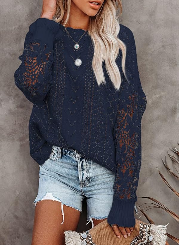 Dokotoo Fall Sweaters for Women Round Neck Crochet Long Sleeve Sweater Tops Casual Cable Knit Jumpers Pullovers L Dark Blue by Dokotoo - Image 2