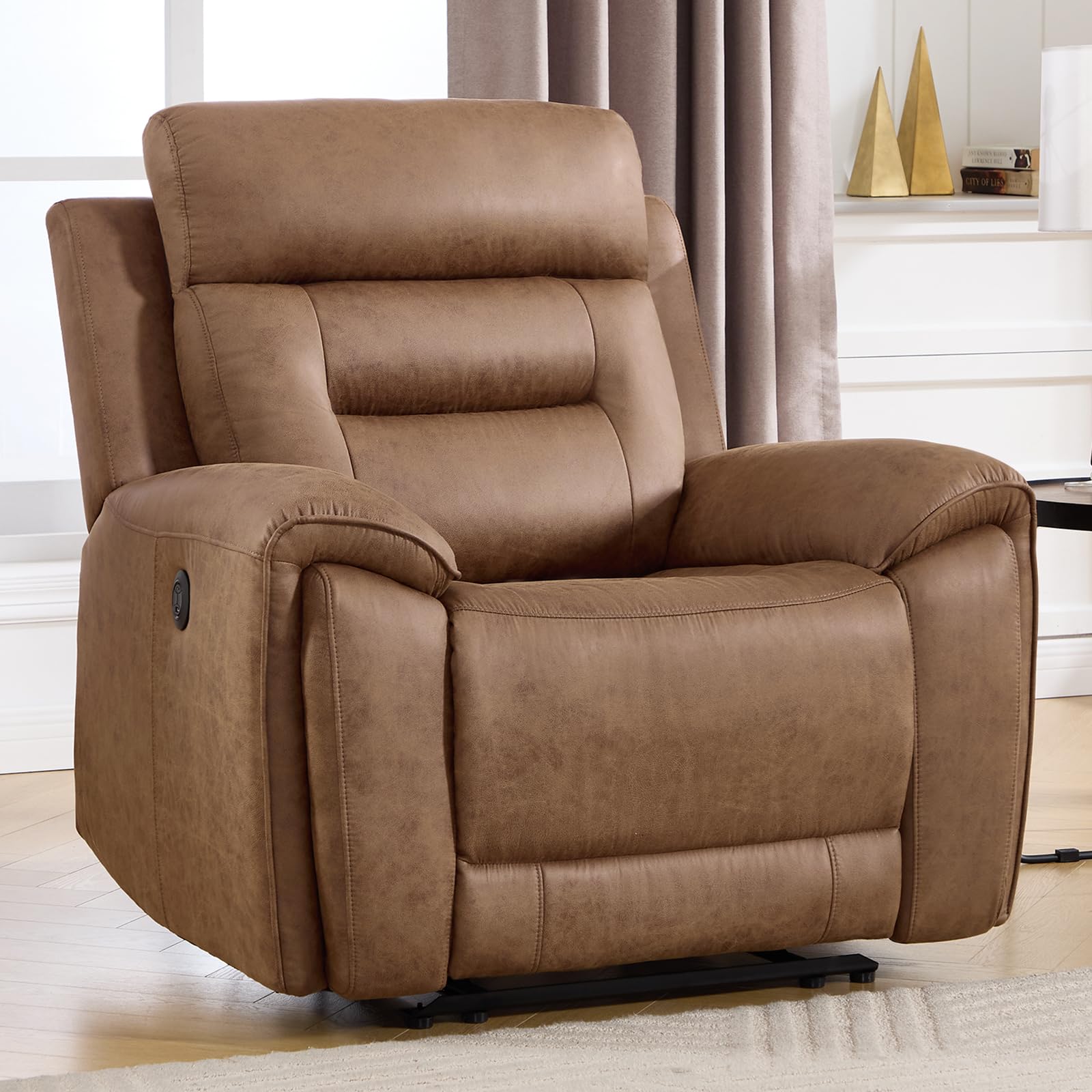 ANJ Power Recliner Chair for Adults with USB&amp;Type-C Ports, Breathable Faux Leather Oversized Electric Recliners, Single Overstuffed Heavy Duty Reclining Sofa Chairs for Living Room, Brown