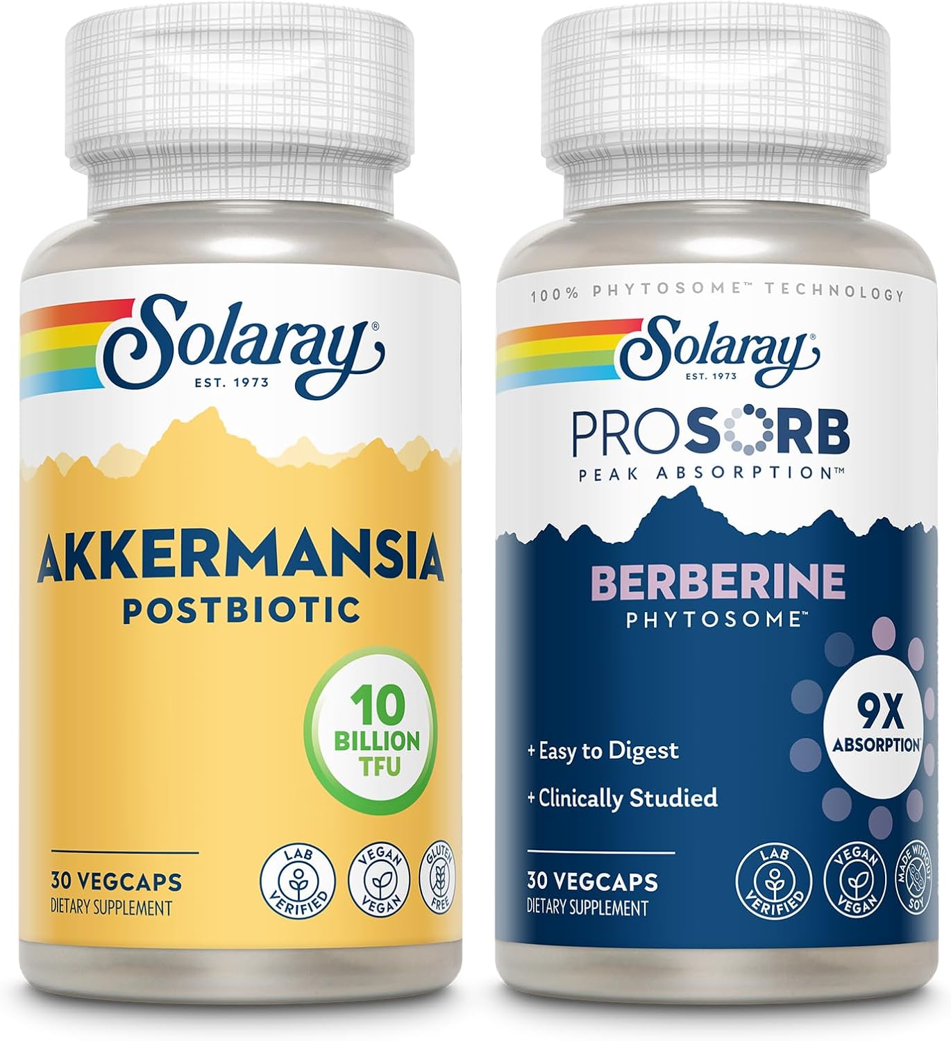 SOLARAY Akkermansia Postbiotic 10 Billon TFU and ProSorb Berberine - Akk11 Beneficial Strain for Gut Microbiome Health Support - 9X Absorption Berberine Phytosome - Vegan, Gluten Free, 30 Servings Ea