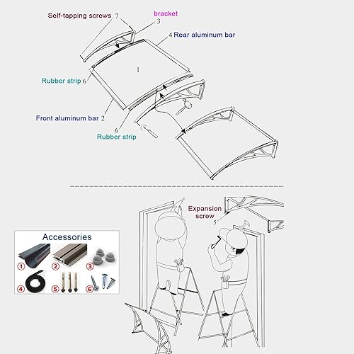 Miniatura 9 de Toldo curvo para puerta de ventana con fregadero de aleación de aluminio, toldo de ventana de porche anti-UV, cubierta de policarbonato transparente