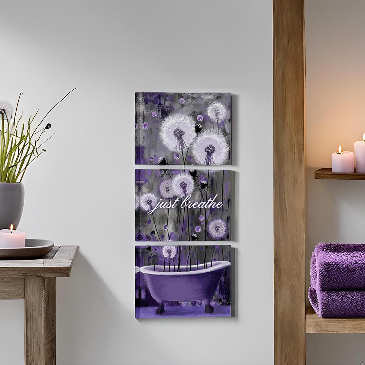 NutArtPic Dandelion Bathroom Wall Pictures Just Breathe Wall Art Decor Purple Floral Canvas, 12W x 16H inches x3pcs (purple)