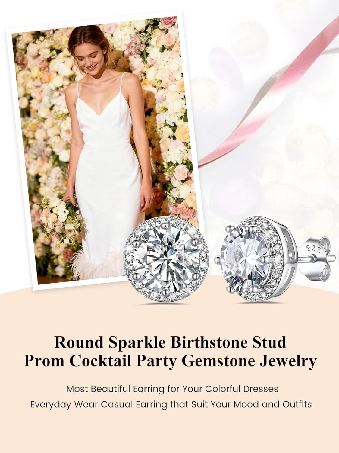 Bestyle Authentic 925 Sterling Silver 2 Carat Birthstone Earrings for Women, More Sparkle Heart/Round Solitaire Diamond Studs Earrings, Great Birthday/Christmas/Anniversary Jewelry for Wife Mother - Image 6