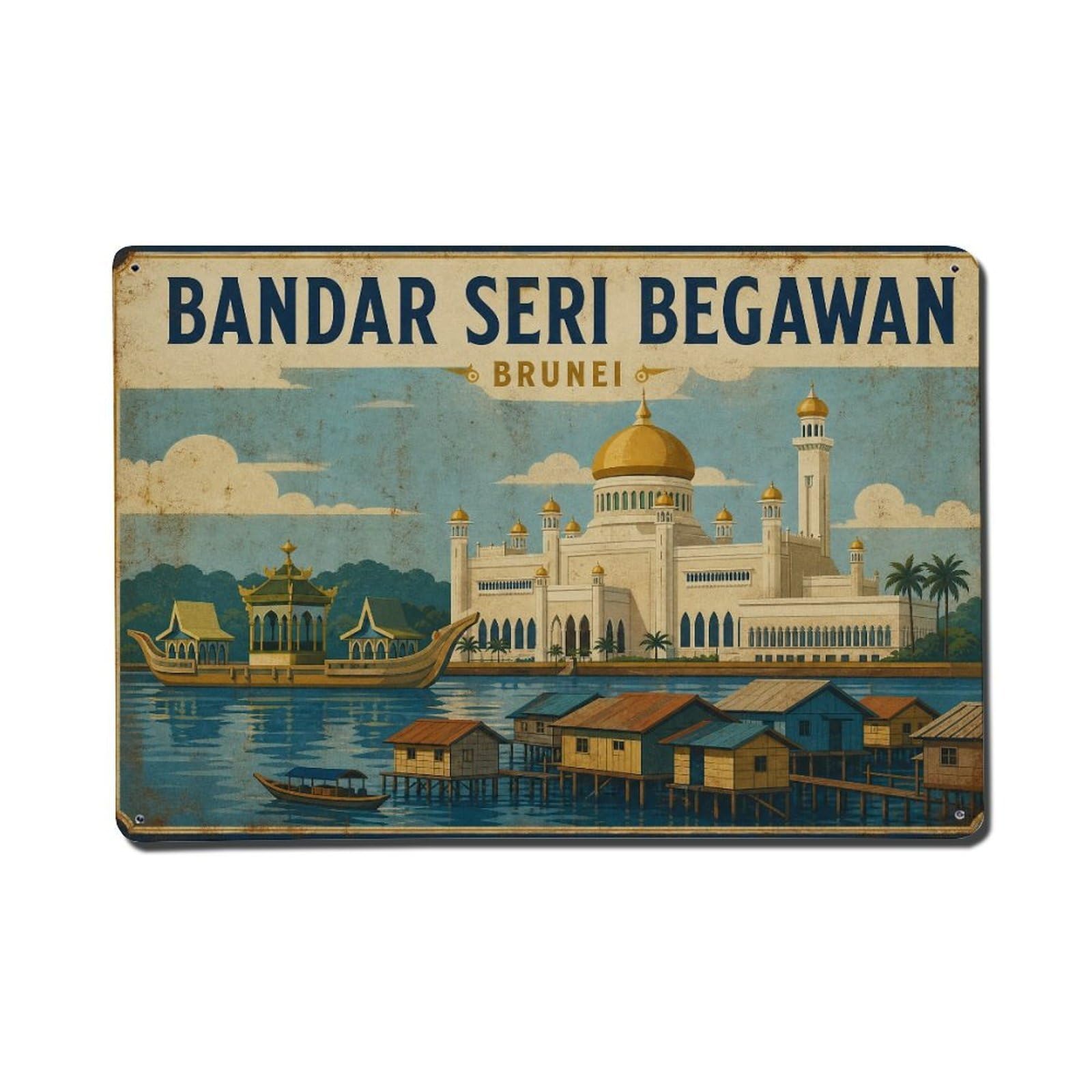 Vintage Bandar Seri Begawan Brunei Travel Destination Metal Tin Sign