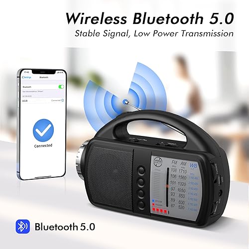 Miniatura 6 de Radio meteorológica AM FM NOAA, radio de emergencia portátil con linterna, Bluetooth 5.0, USB, entrada auxiliar alimentada por batería recargable