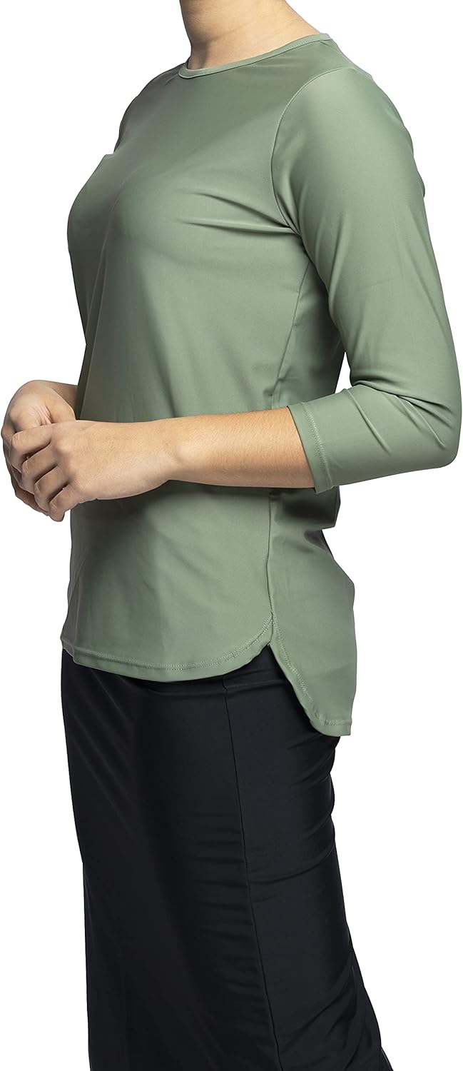 Woman Tznius Rash Guard 3/4 Sleeve Athletic for Swim, Tennis, Beach, Sports, UPF 50+ Sun Protection