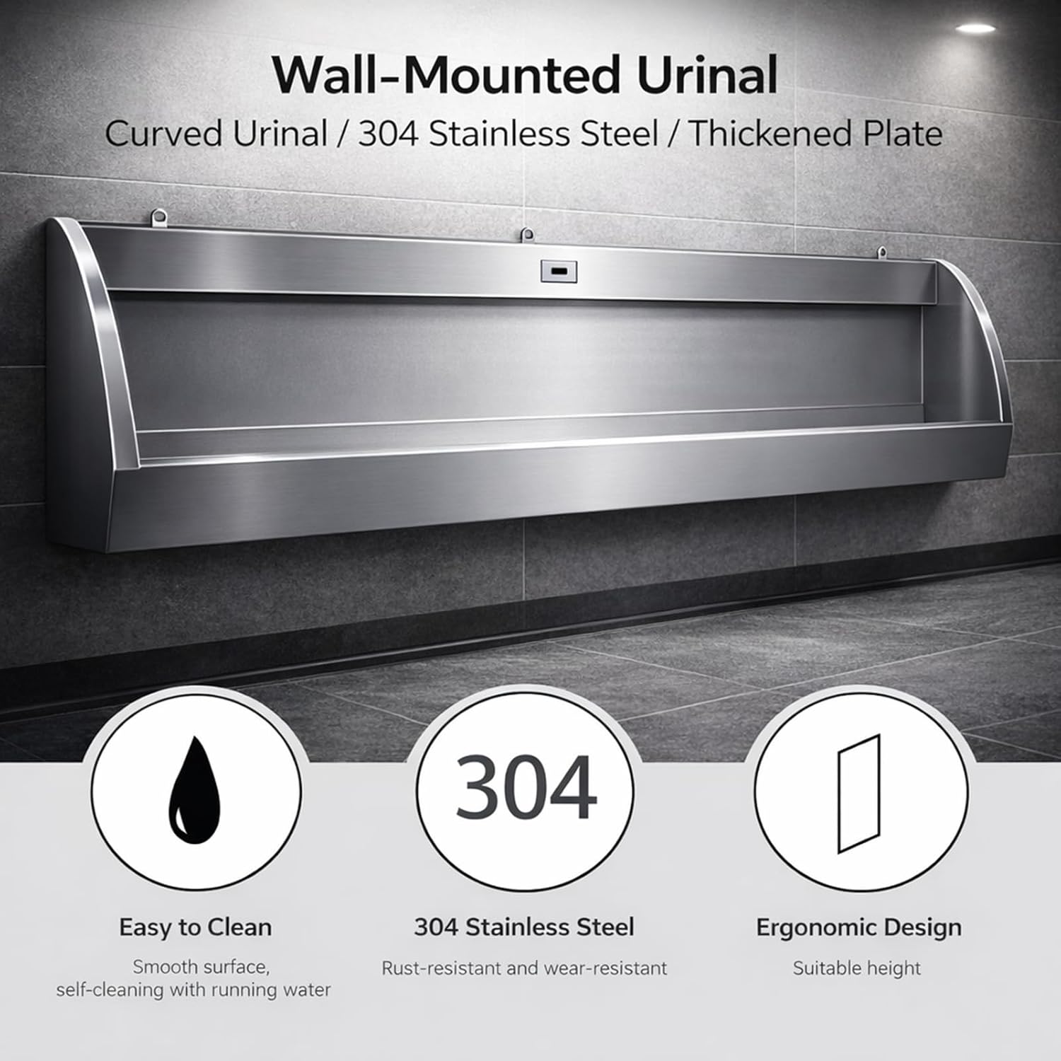 304 Stainless Steel Automatic Sensor Urinal, Wall Mounted Men’s Urinal Trough, Splash-Proof High Efficiency Flushing, Commercial Bathroom for Schools & Public Places 120cm/47.2in