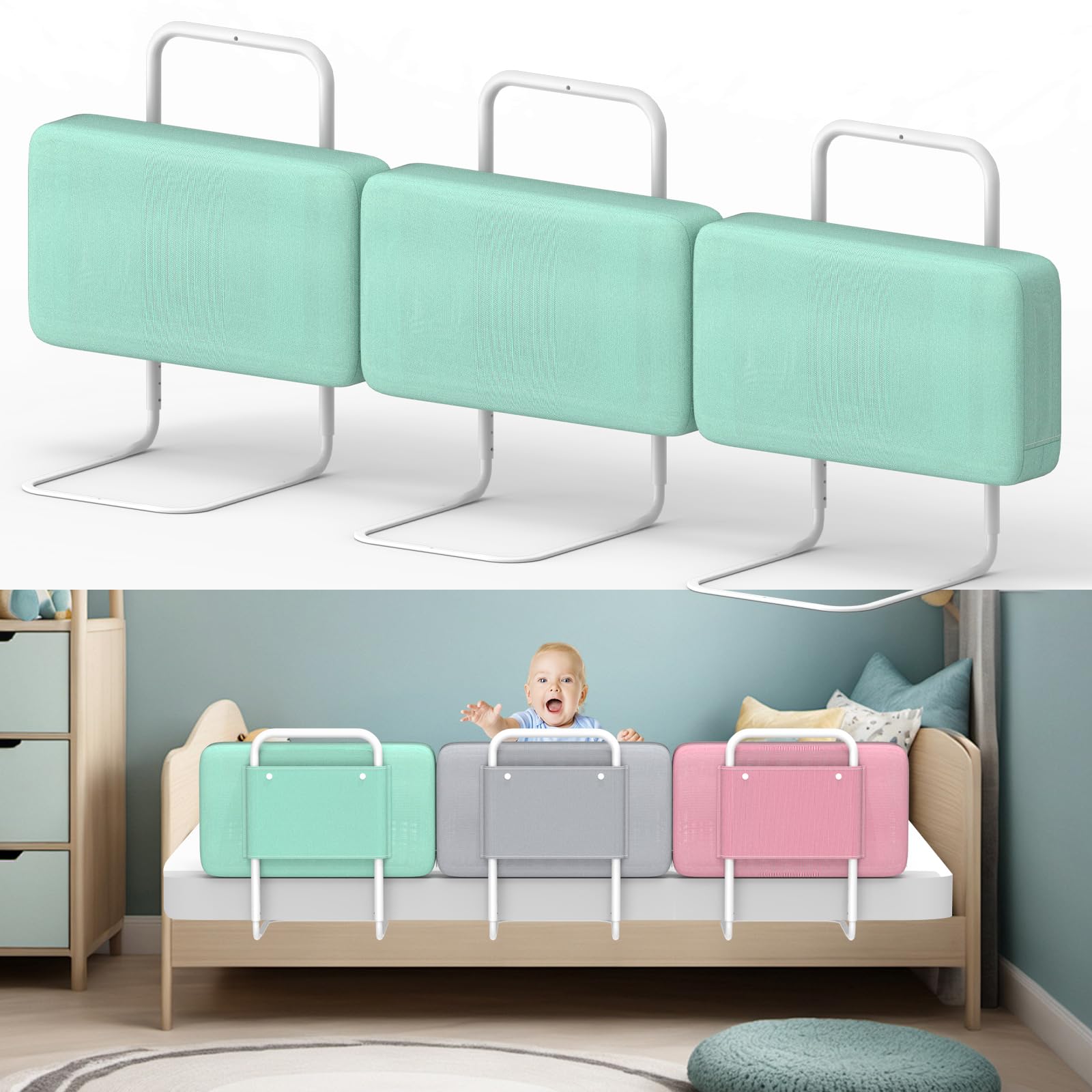 Barrera de Seguridad para niños – Barrera de Cama para niños con protección de Bordes, Seguridad para Cama Infantil, Altura Ajustable 40-60 cm, Desmontable, portátil, Verde, 60cm