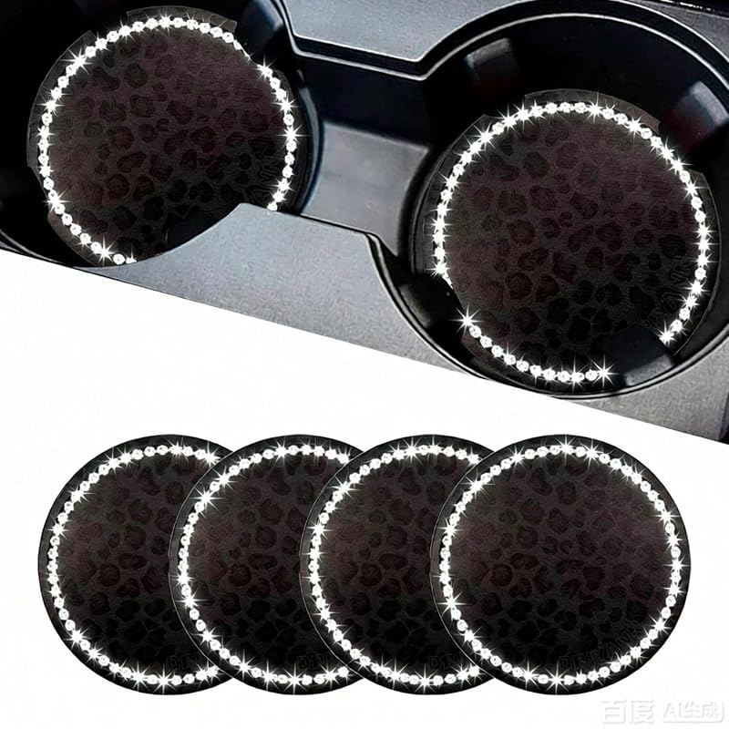 Porta-copos automotivo de silicone com estampa de leopardo e cristais, preto, kit com 4 unidades