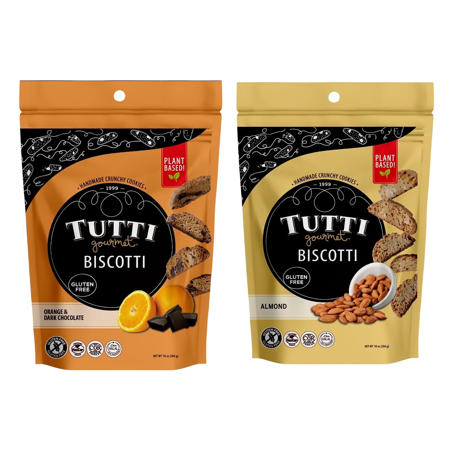 Tutti Gourmet Gluten Free Orange Chocolate & Almond Biscotti, 9.9 oz (283g) Resealable Cookie Bag – Vegan, Halal, Dairy-Free Handcrafted Italian Snacks