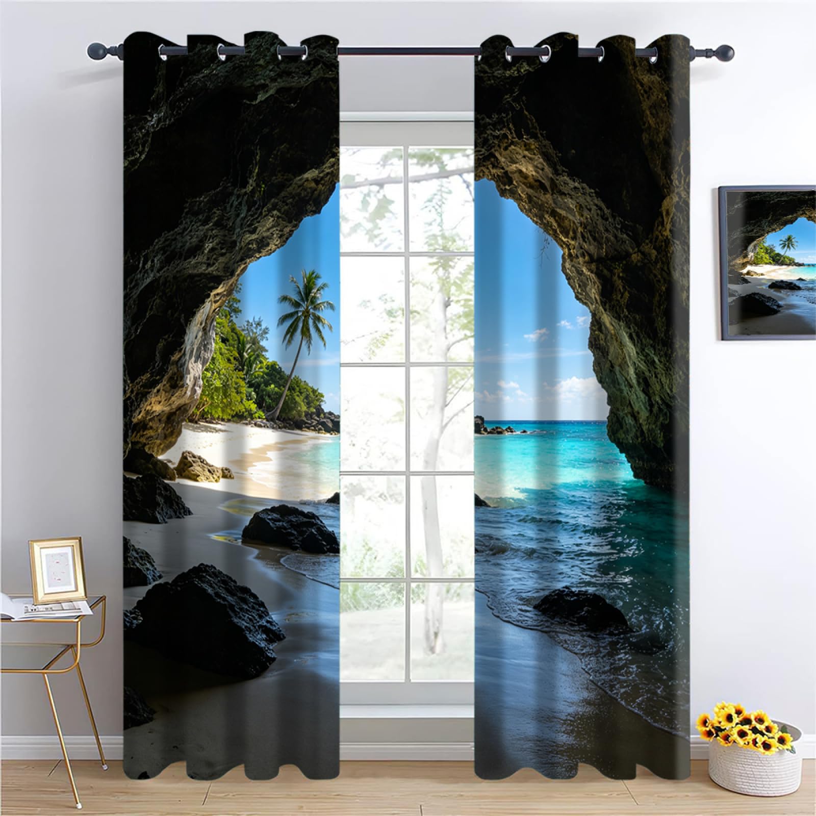 YNIOFU beach Insulated Blackout Curtains,rock cave Bedroom Curtains, Coconut trees on the beach Drapes for Kids Nursery, Tropical style Living Room Printed Noise Reducing W96 x L183cm 2 Panels