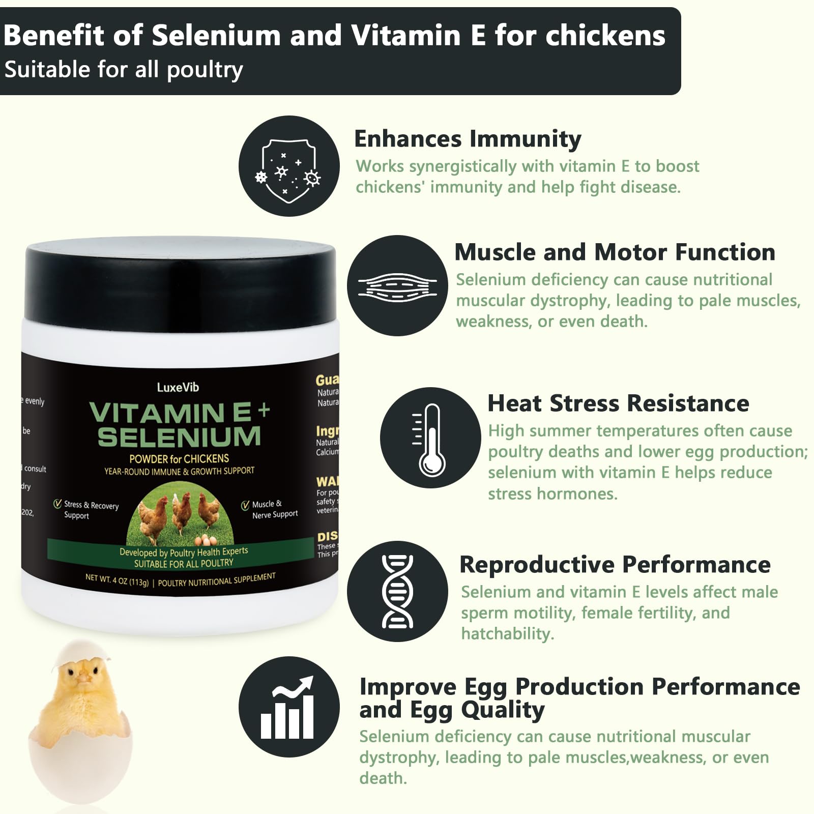 Selenium & Vitamin E Powder for Chickens, Selenium for Chickens, Immune System, Muscle Support & Prevents, Improve Wry Neck, Selenium, Vitamin E Supplements, Suitable for All Poultry — Amazon image 2