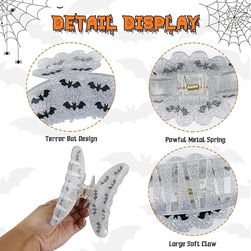 Miniatura 2 de Pinzas para el cabello de Halloween para mujer, diseño exquisito de murciélago negro, antideslizantes, color blanco, con purpurina, pinzas de